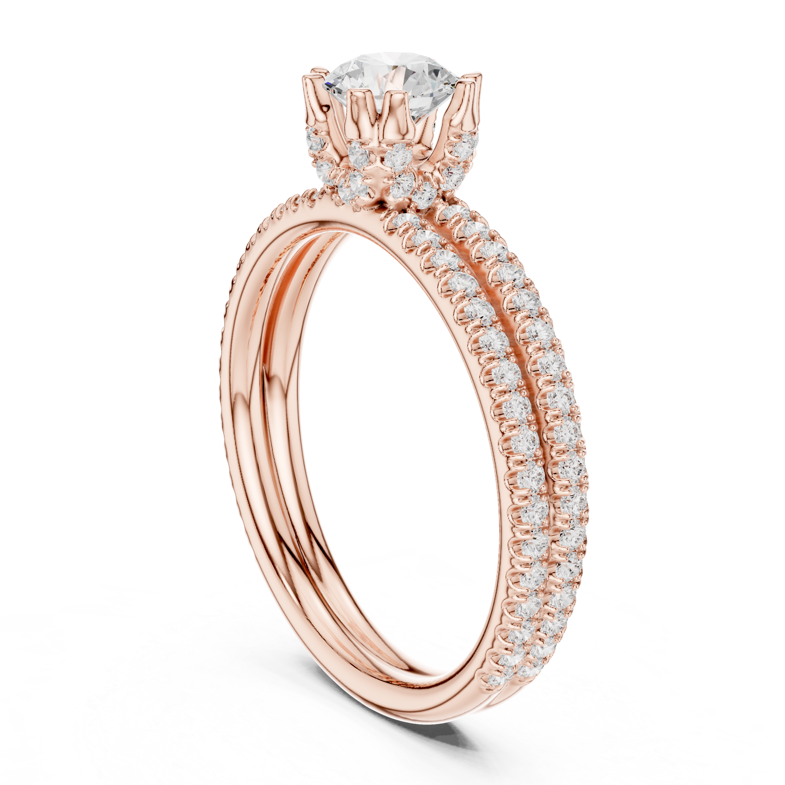 Double Row Pavé Diamond Engagement Ring – Classic Round Solitaire Bridal Ring