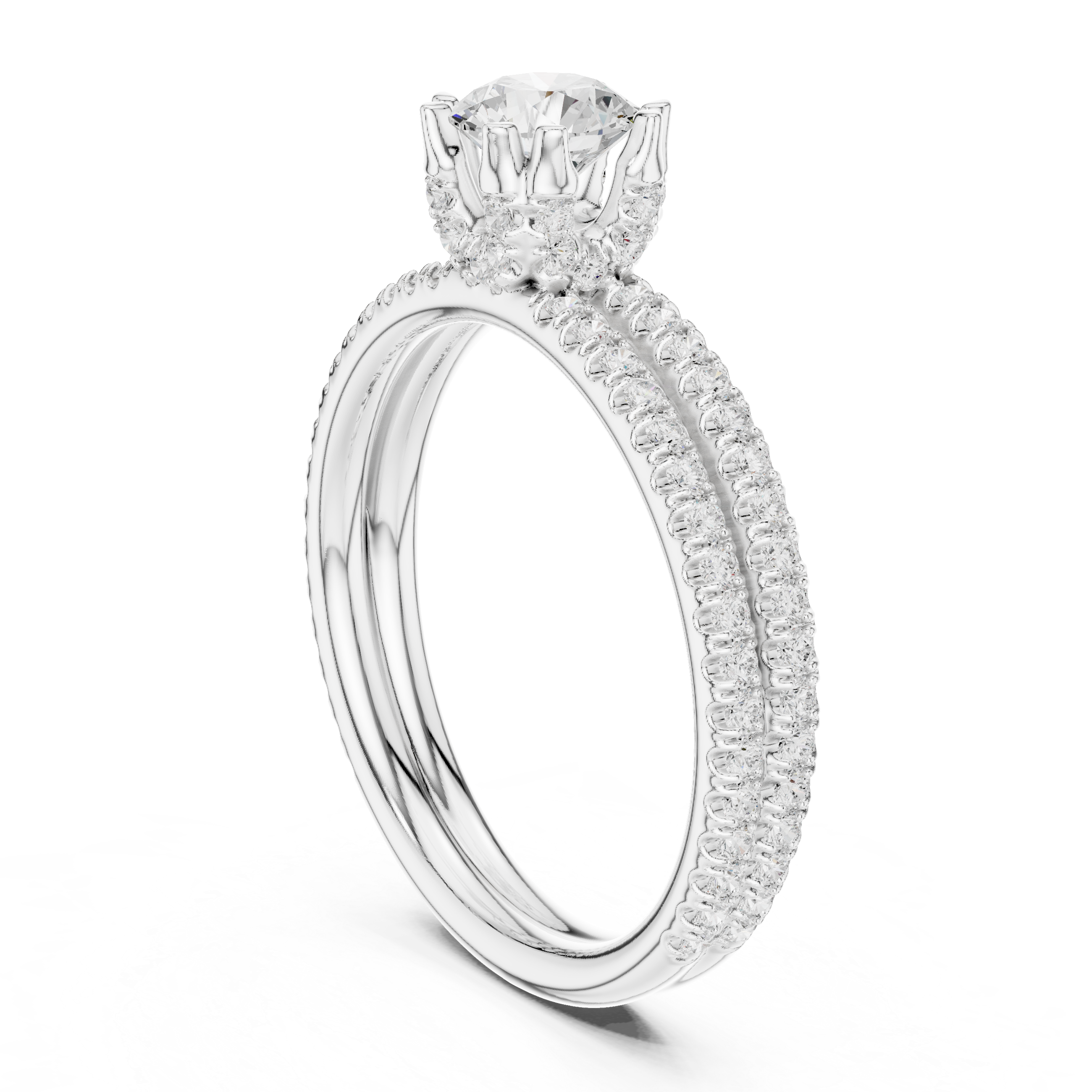 Double Row Pavé Diamond Engagement Ring – Classic Round Solitaire Bridal Ring
