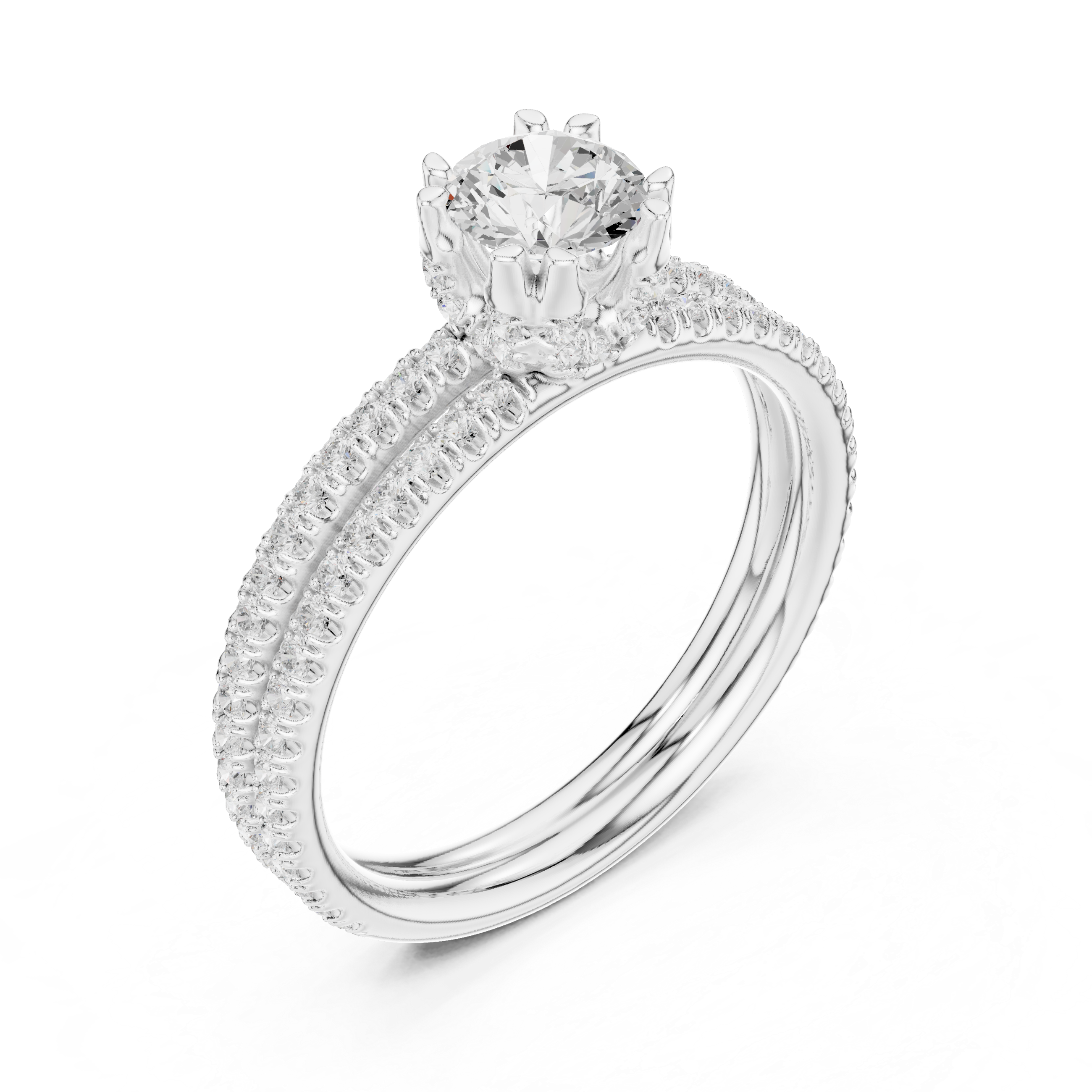 Double Row Pavé Diamond Engagement Ring – Classic Round Solitaire Bridal Ring