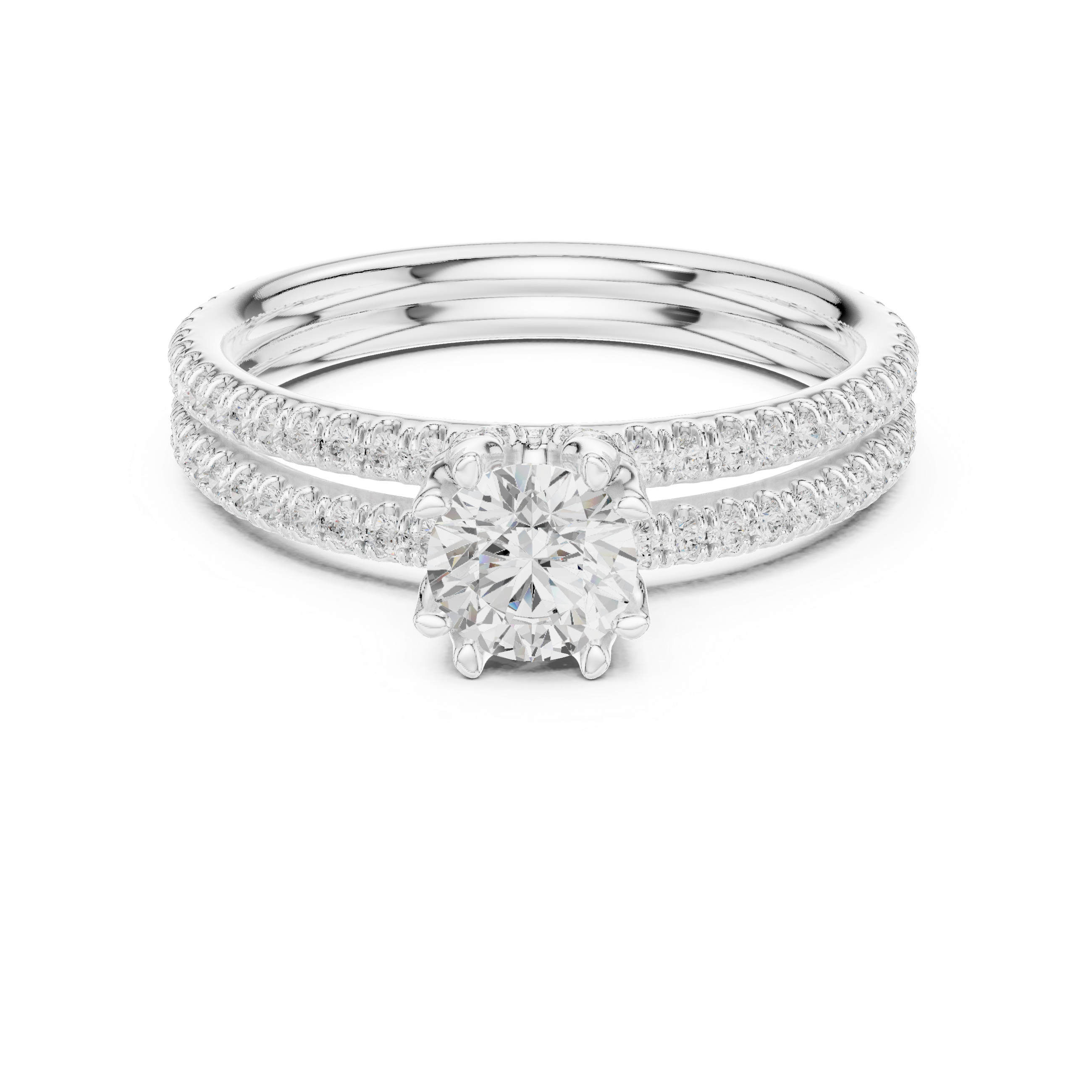 Double Row Pavé Diamond Engagement Ring – Classic Round Solitaire Bridal Ring