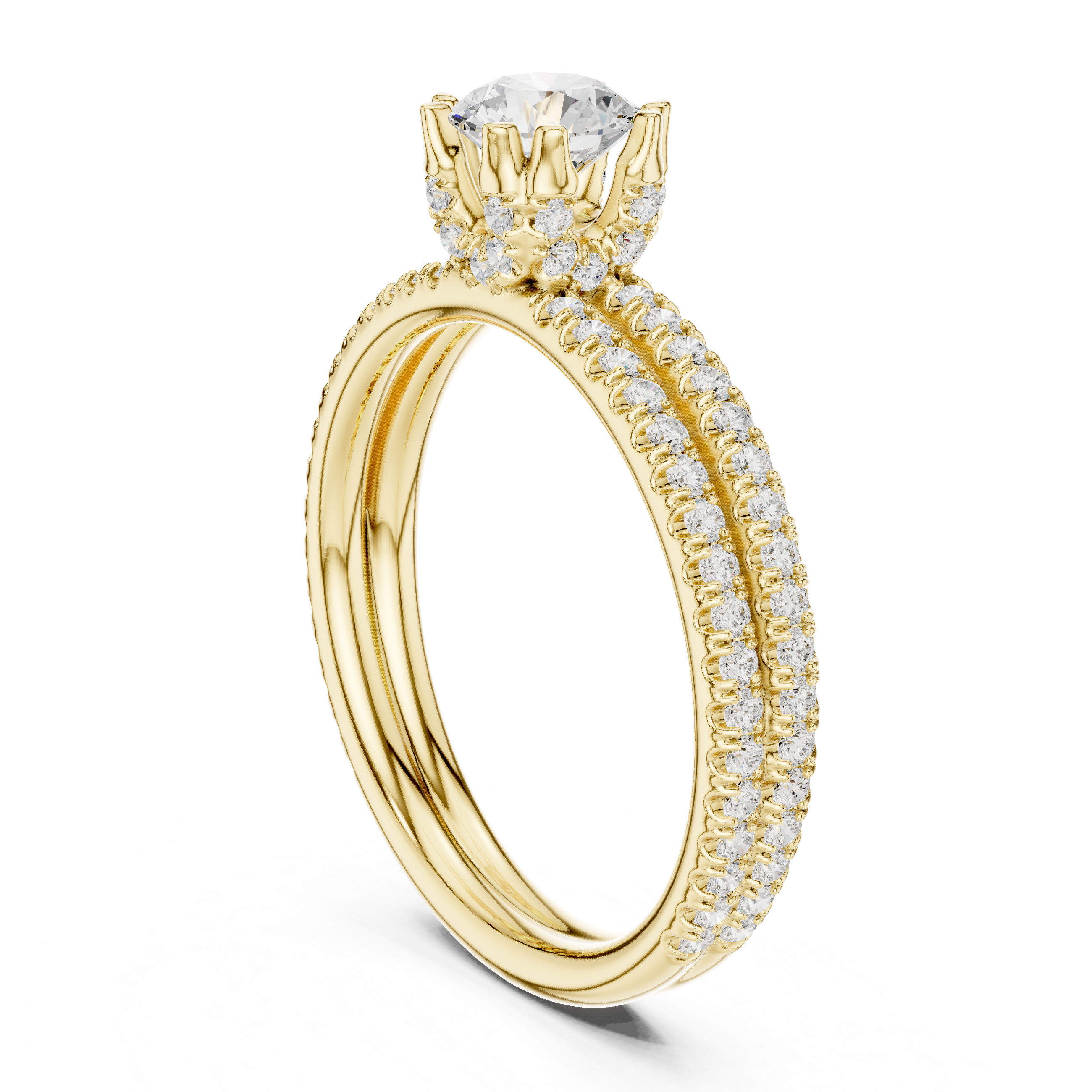 Double Row Pavé Diamond Engagement Ring – Classic Round Solitaire Bridal Ring