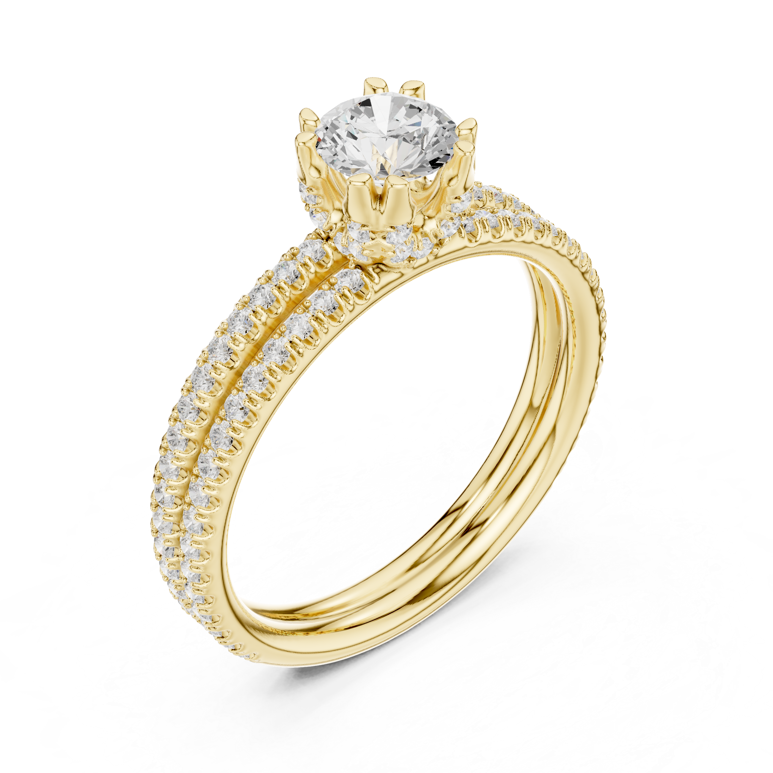 Double Row Pavé Diamond Engagement Ring – Classic Round Solitaire Bridal Ring