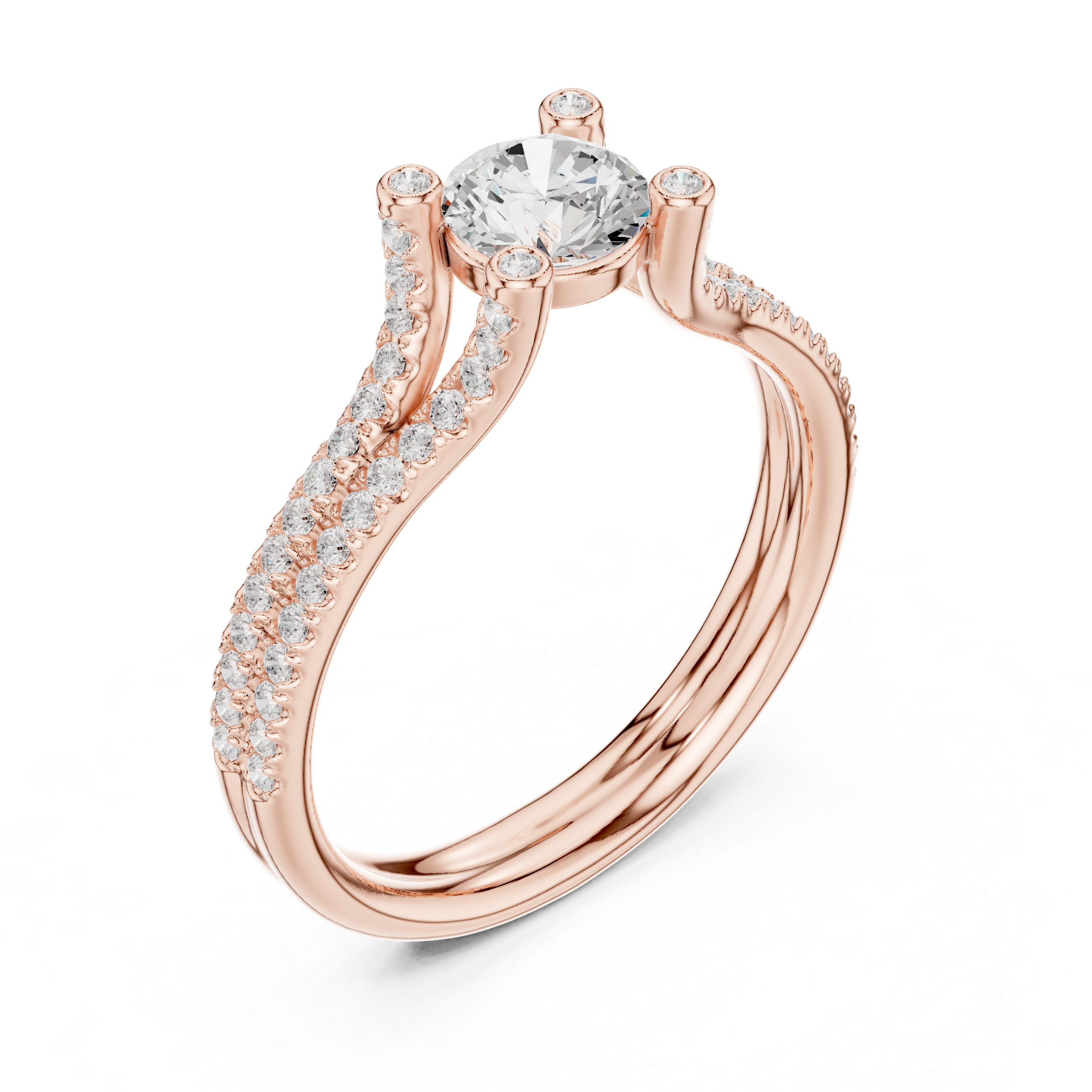 Double Pavé Split Shank Diamond Engagement Ring – Round Solitaire Bridal Ring