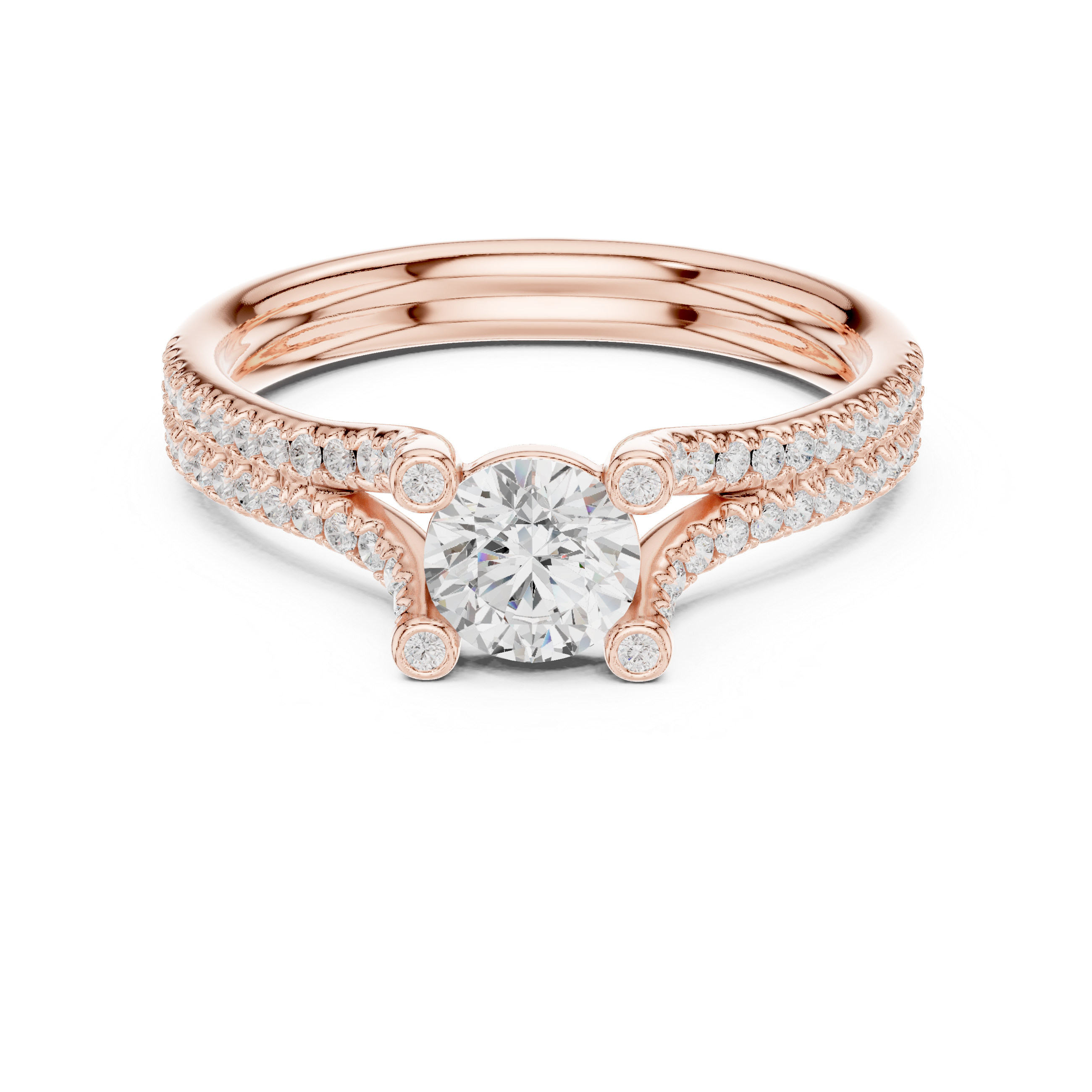 Double Pavé Split Shank Diamond Engagement Ring – Round Solitaire Bridal Ring