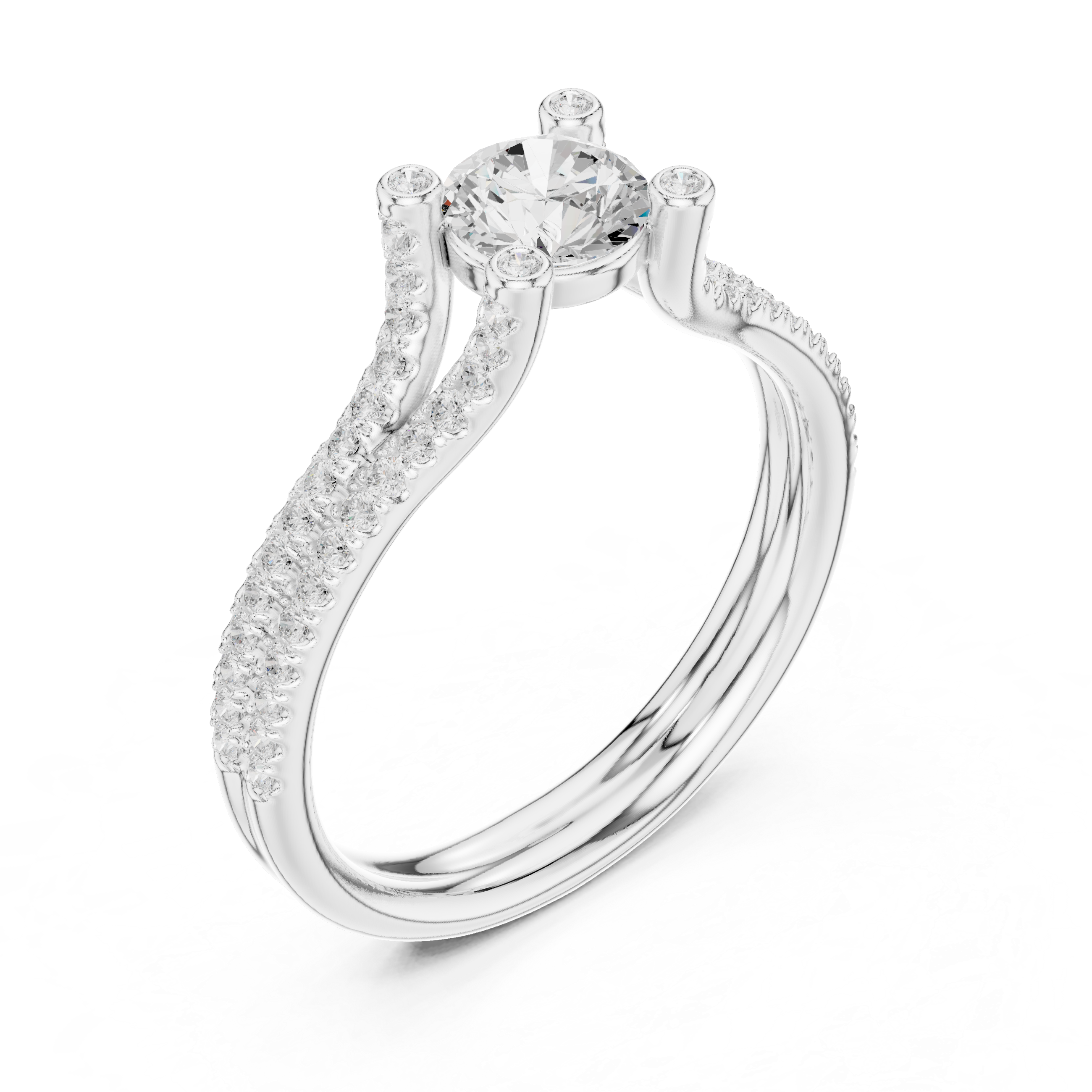 Double Pavé Split Shank Diamond Engagement Ring – Round Solitaire Bridal Ring