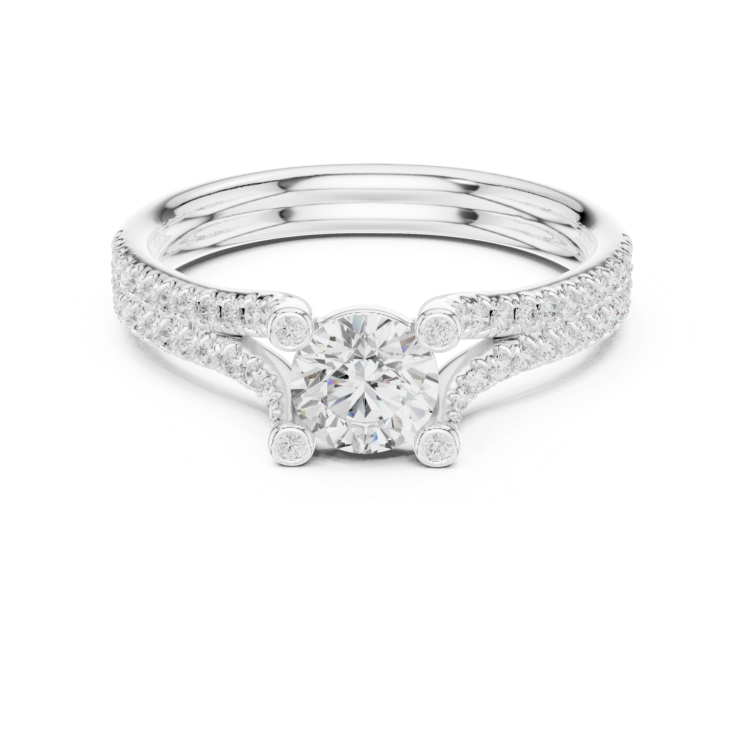 Double Pavé Split Shank Diamond Engagement Ring – Round Solitaire Bridal Ring