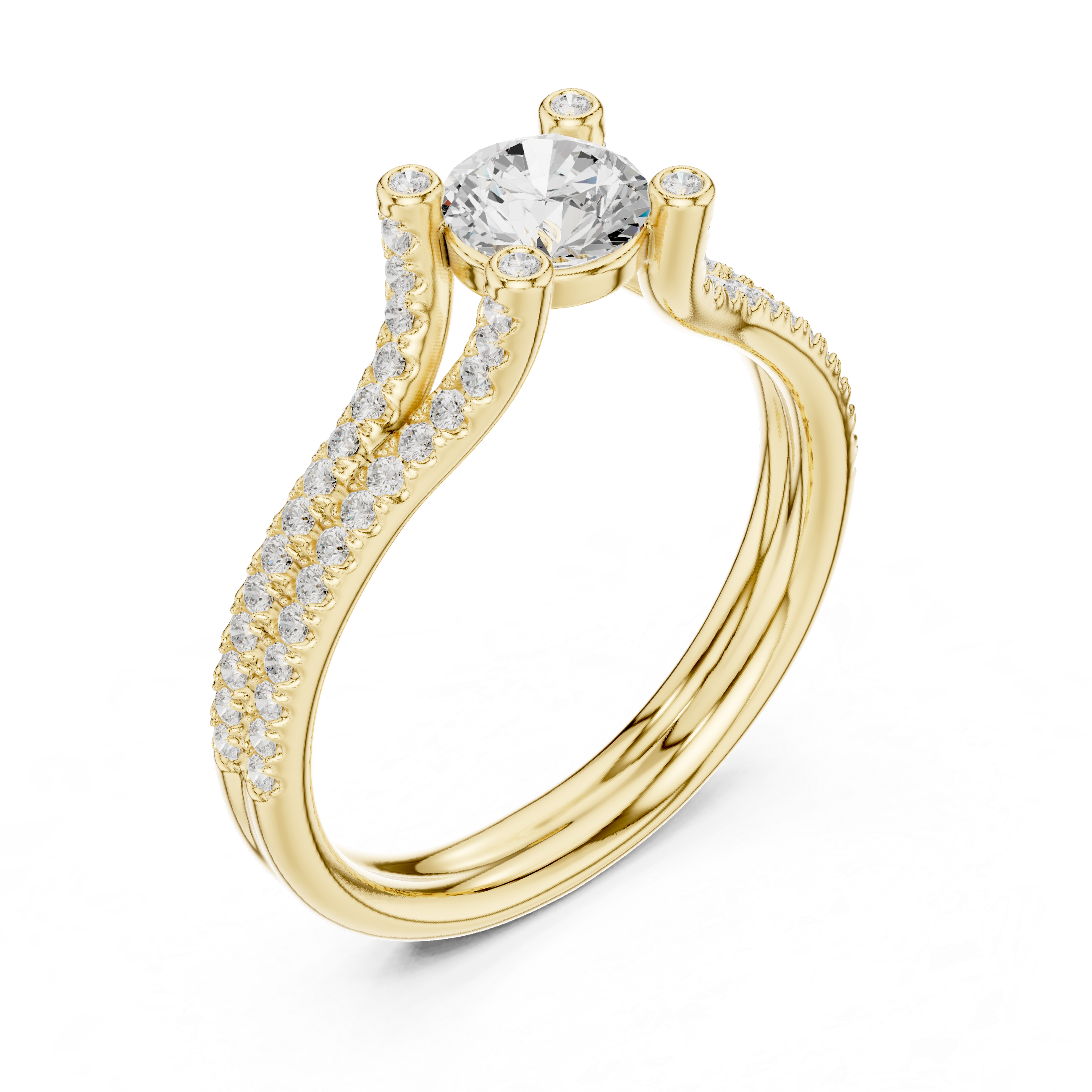 Double Pavé Split Shank Diamond Engagement Ring – Round Solitaire Bridal Ring