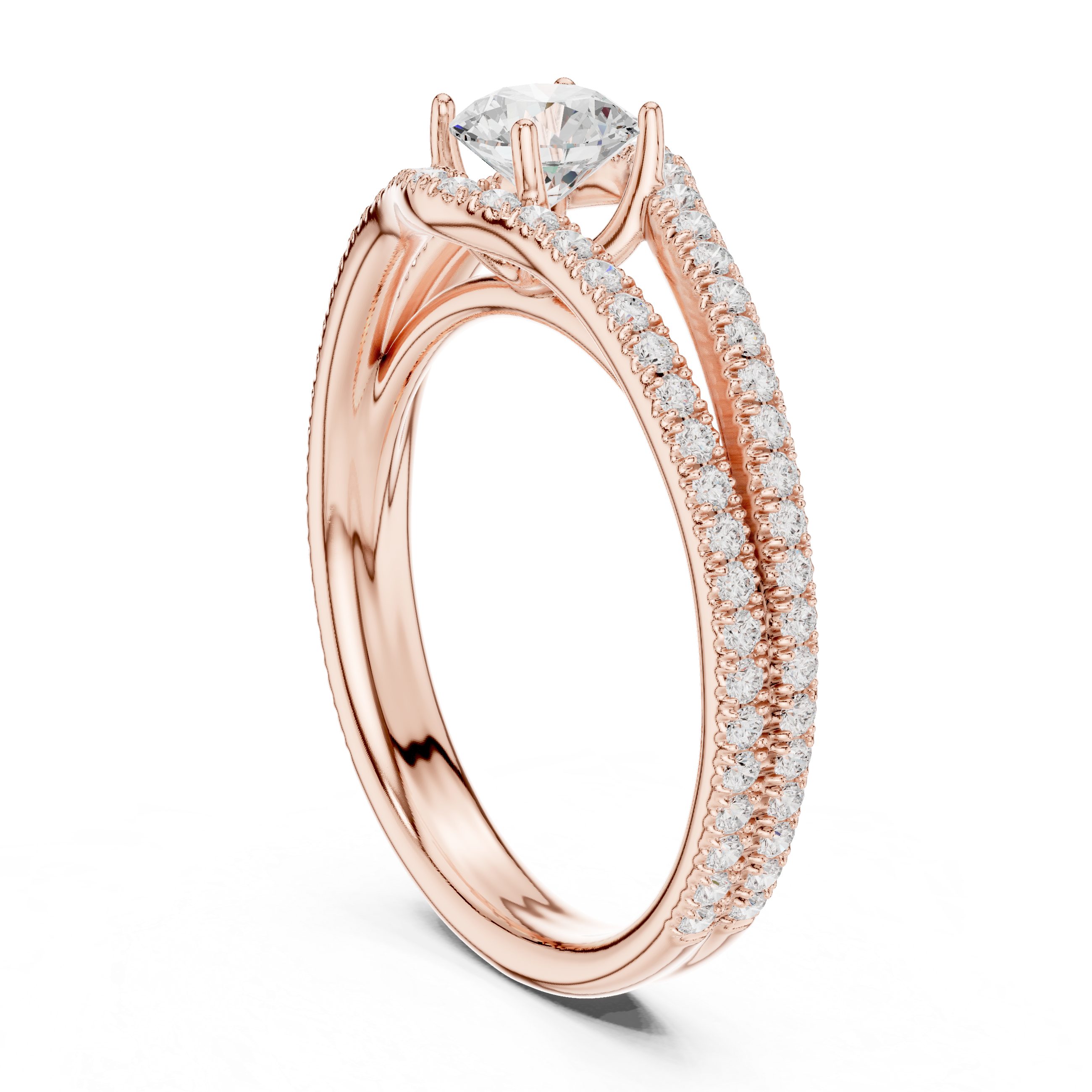 Double Row Pavé Diamond Engagement Ring – Split Shank Solitaire Ring