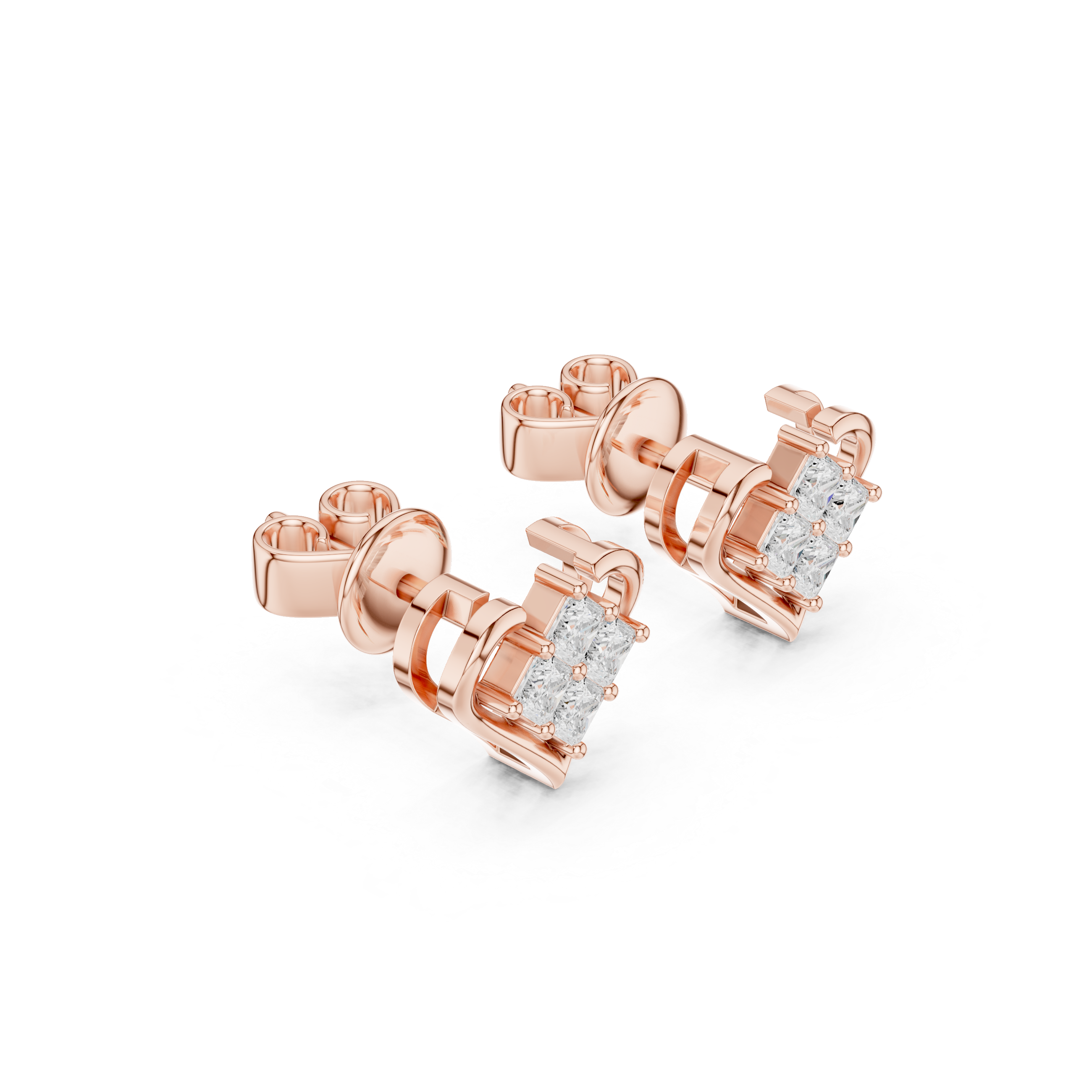 Heart Frame Princess Cut Diamond Cluster Stud Earrings