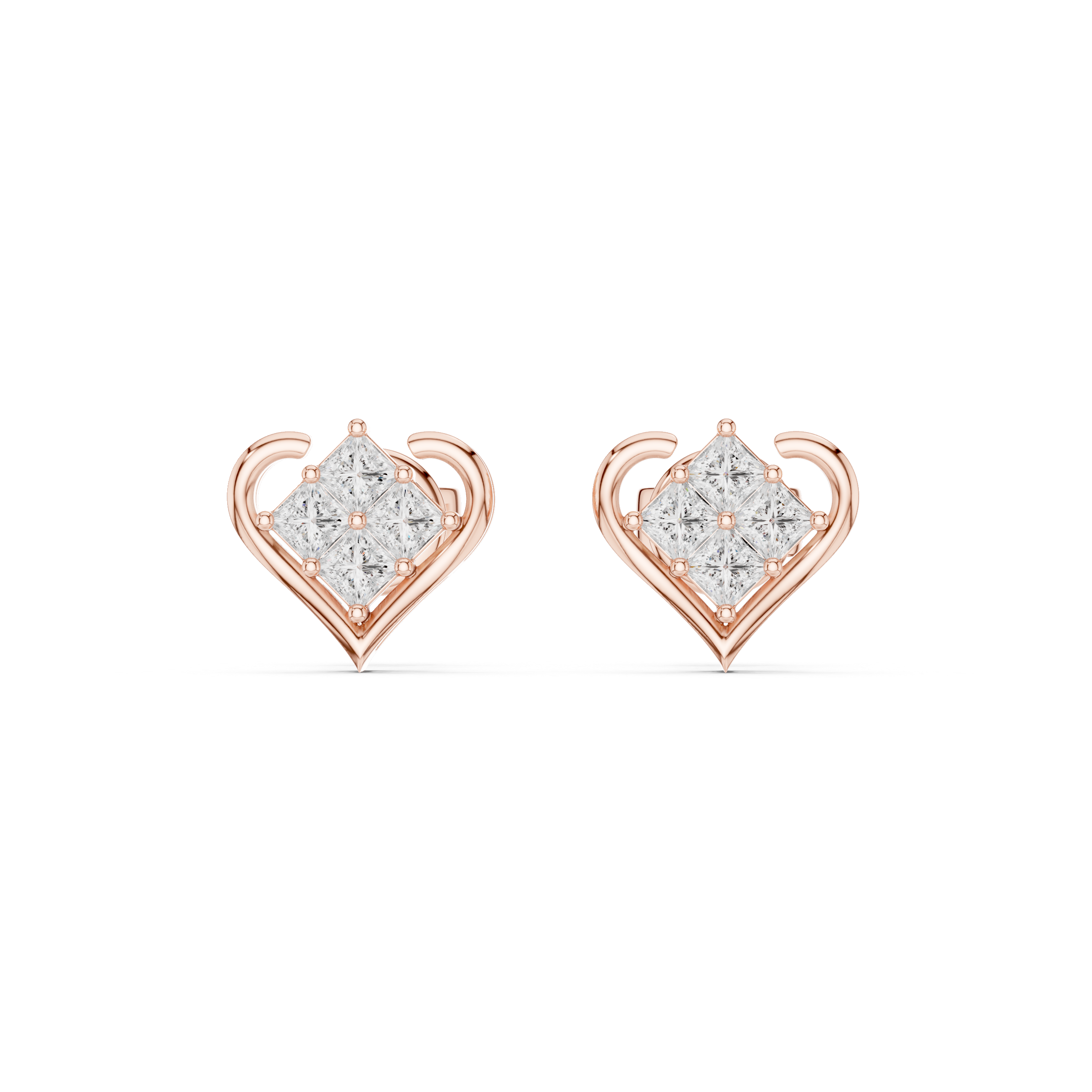 Heart Frame Princess Cut Diamond Cluster Stud Earrings