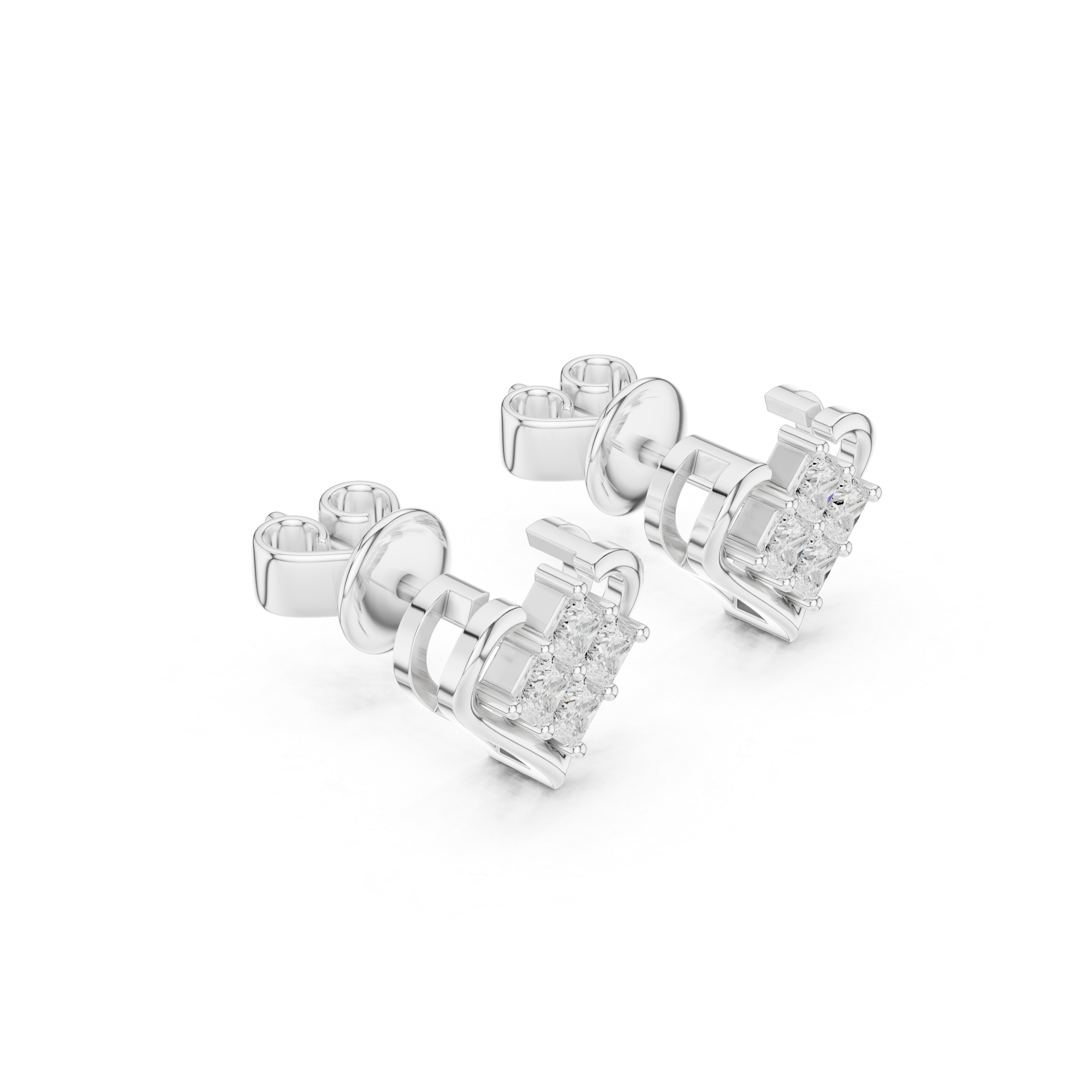 Heart Frame Princess Cut Diamond Cluster Stud Earrings