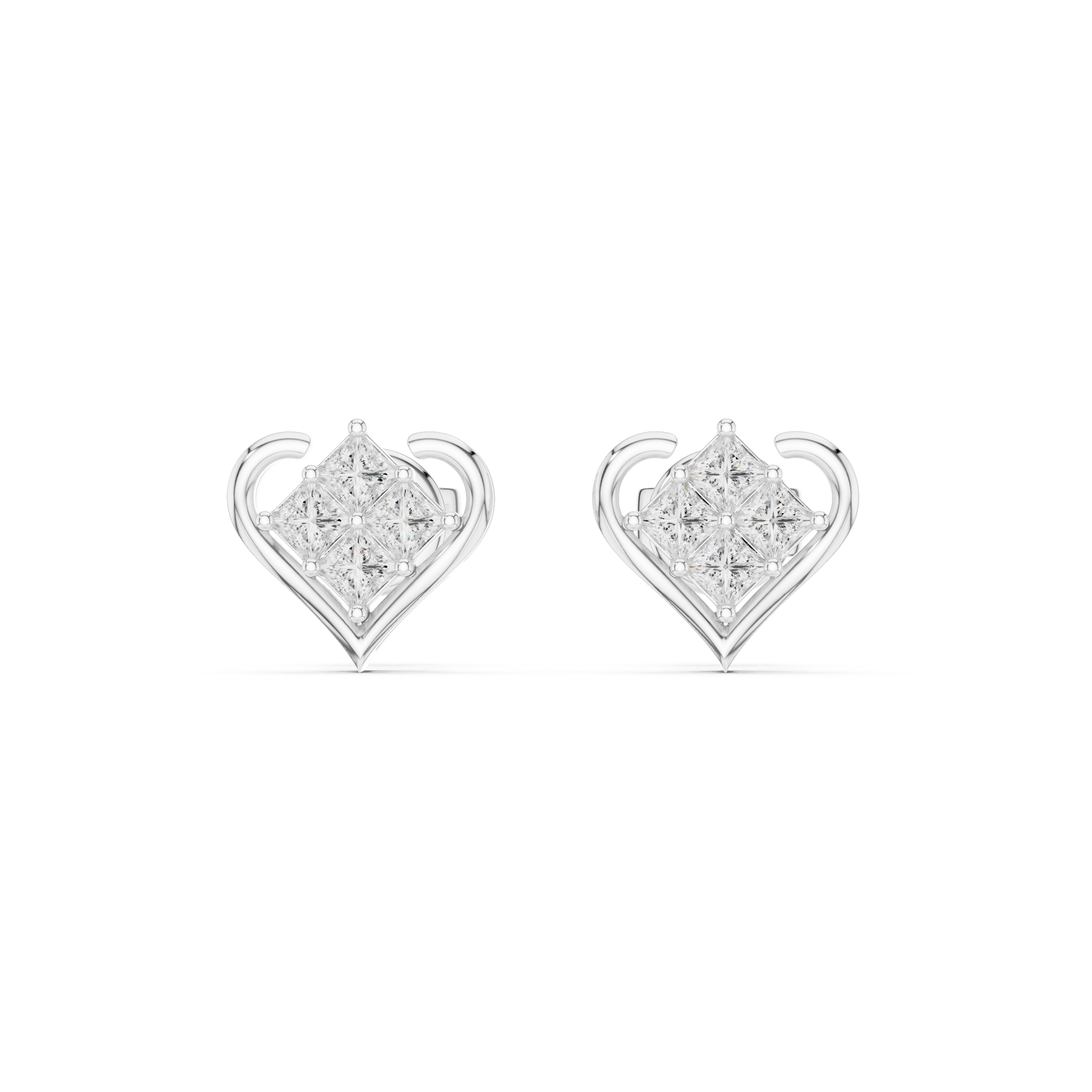 Heart Frame Princess Cut Diamond Cluster Stud Earrings