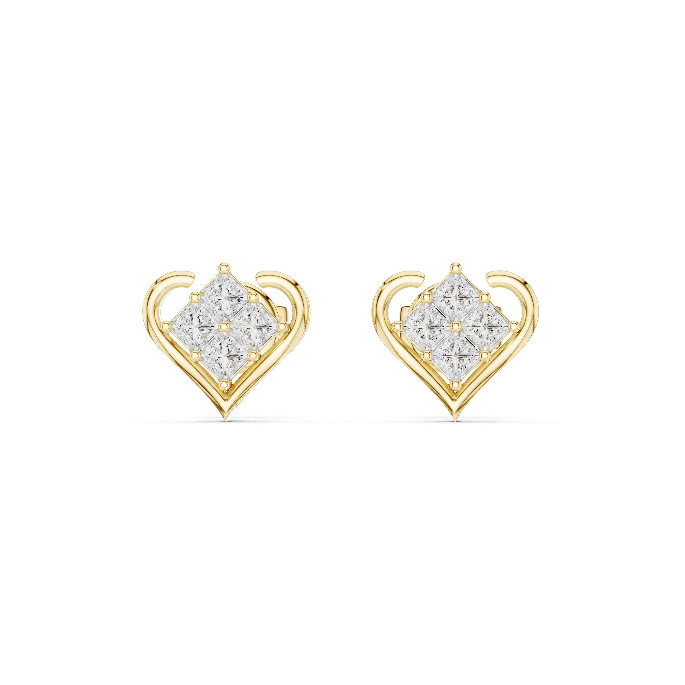 Heart Frame Princess Cut Diamond Cluster Stud Earrings