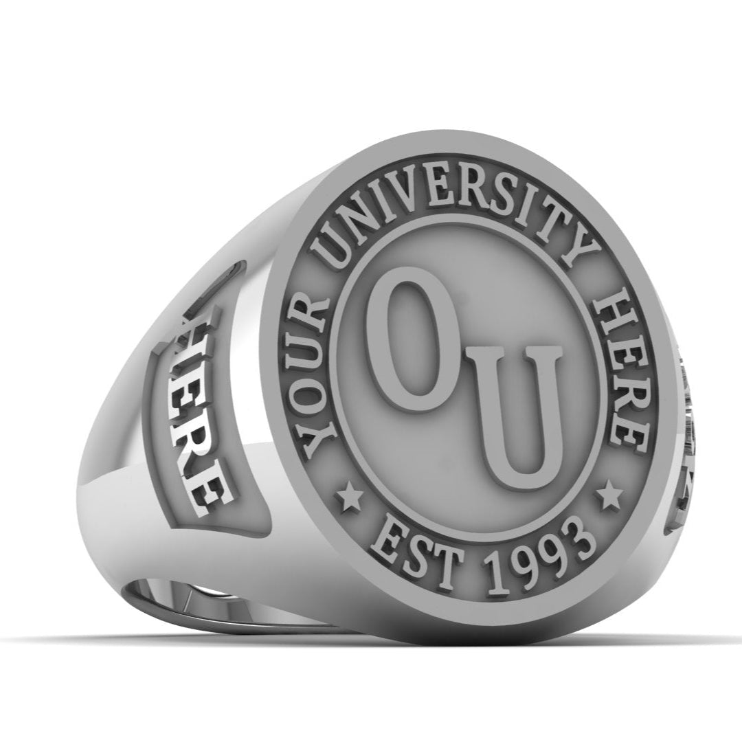 Silver ring with 'Your University Here' and 'University Logo' text on a white background