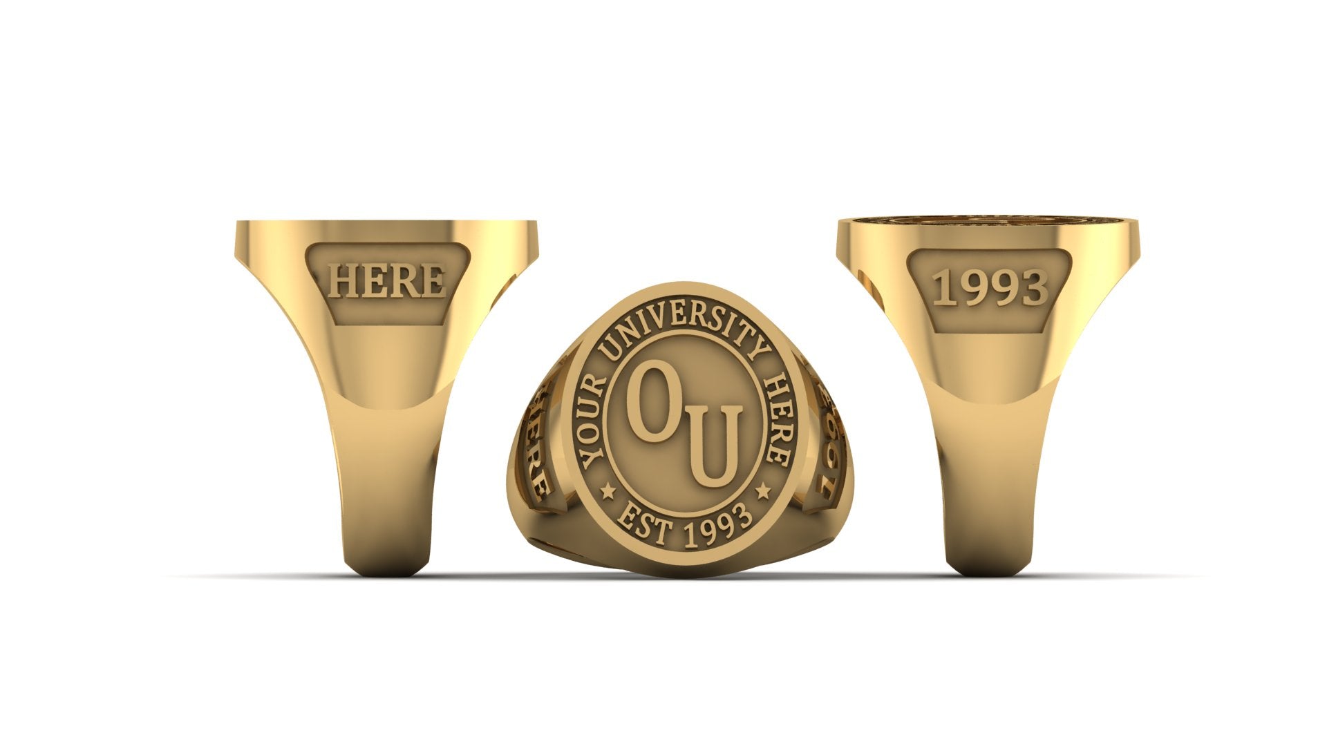 Gold ring with 'University Logo' and 'since' engraving on a white background