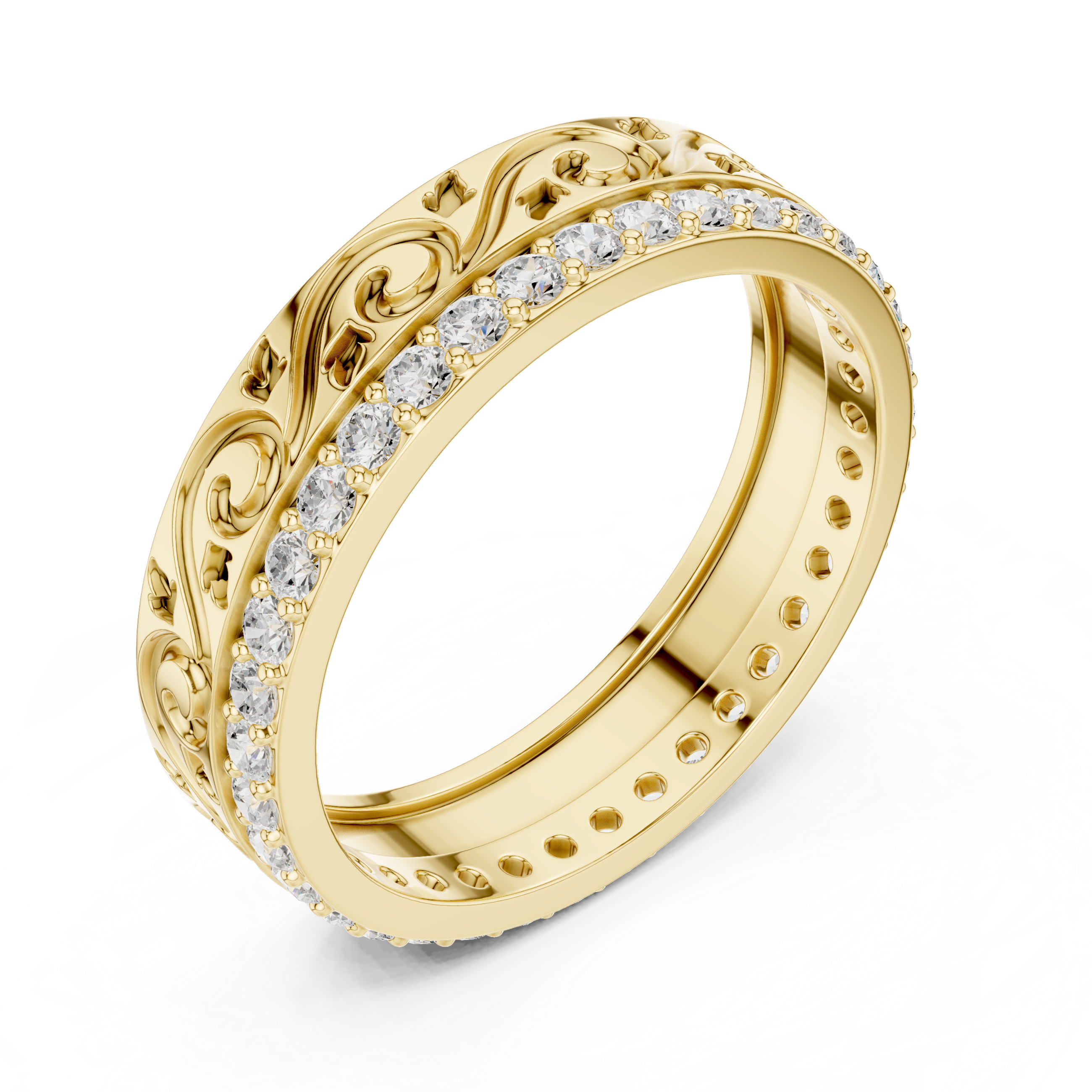 Vintage Scroll Diamond Band Ring – Ornate Engraved Pavé Wedding Band