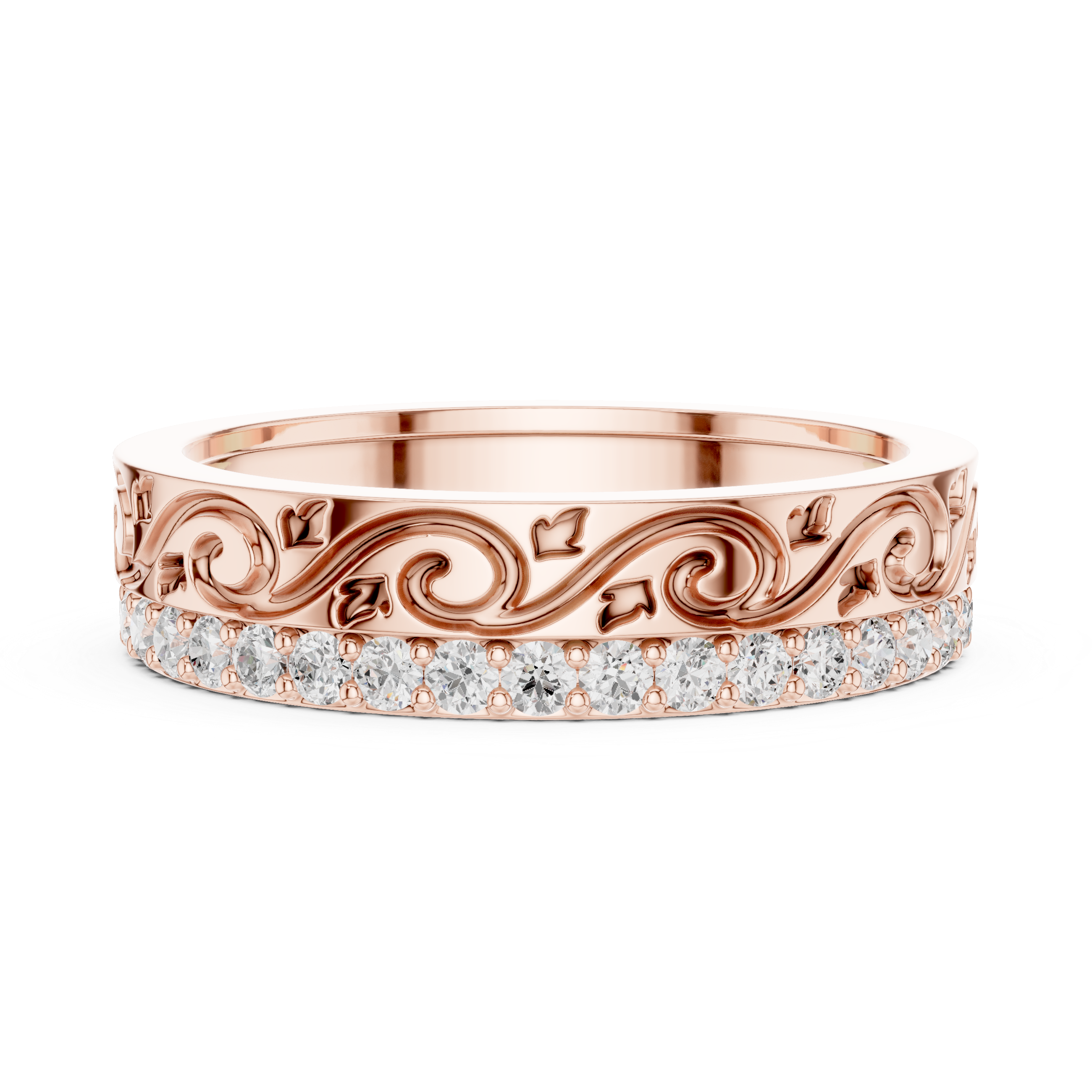Vintage Scroll Diamond Band Ring – Ornate Engraved Pavé Wedding Band