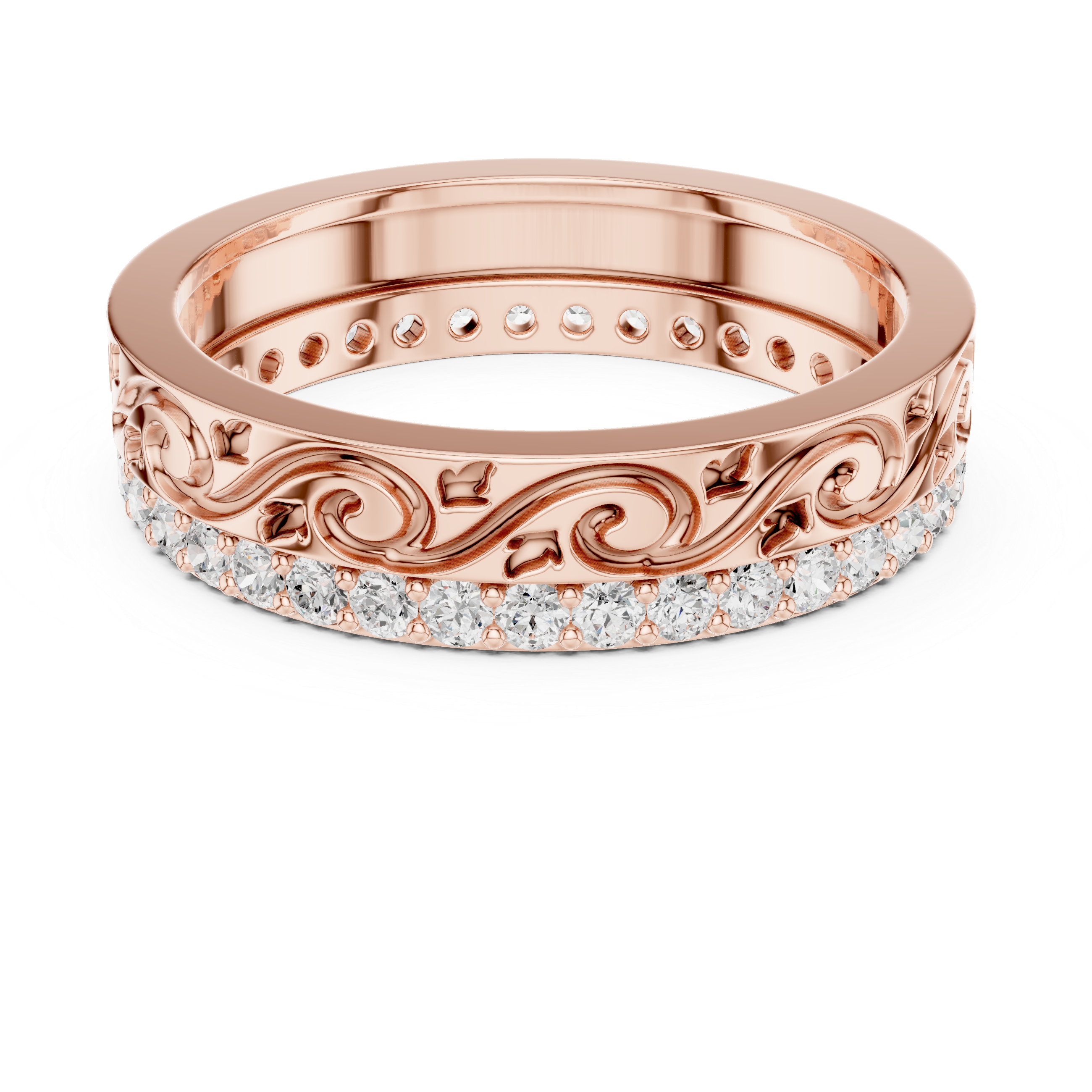 Vintage Scroll Diamond Band Ring – Ornate Engraved Pavé Wedding Band