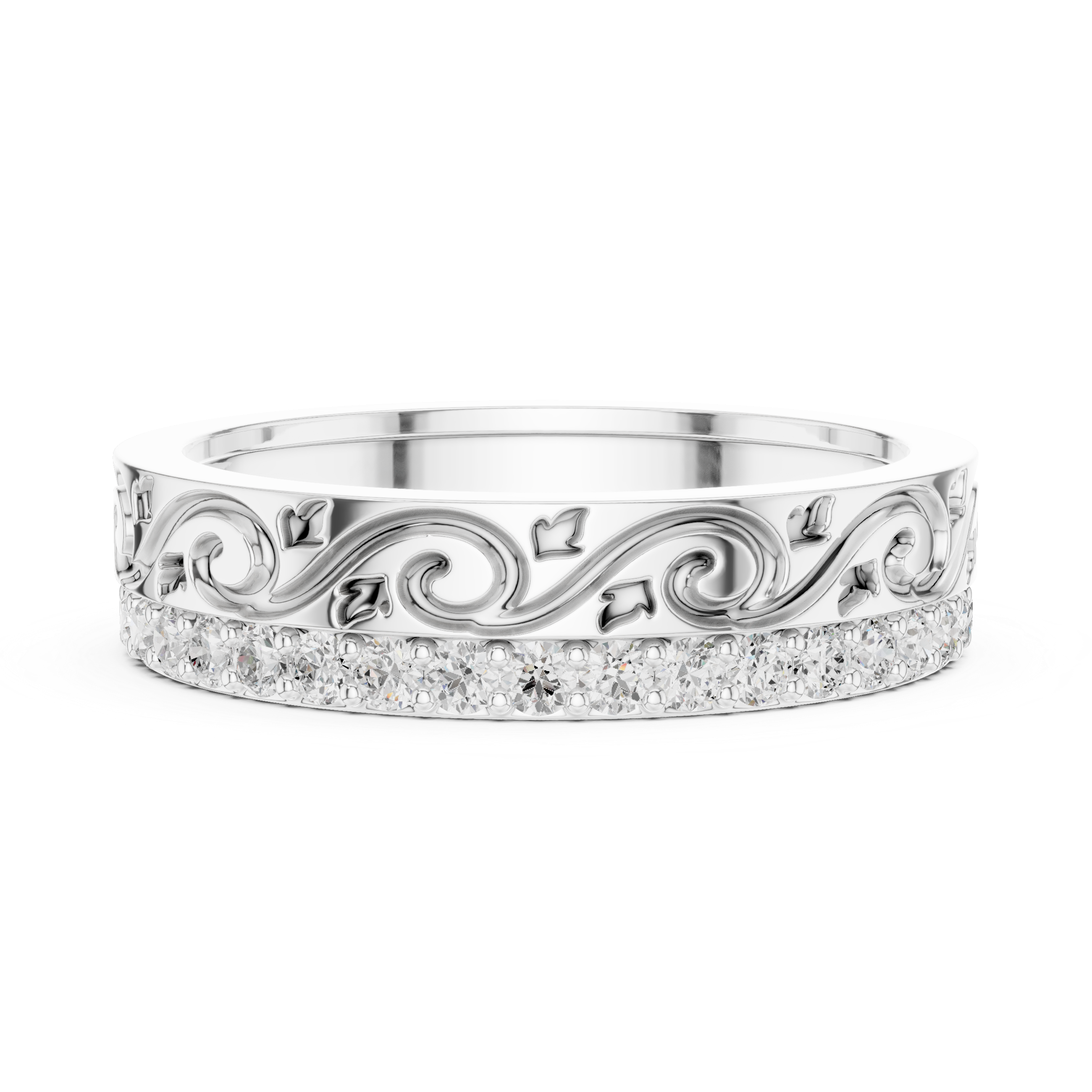 Vintage Scroll Diamond Band Ring – Ornate Engraved Pavé Wedding Band