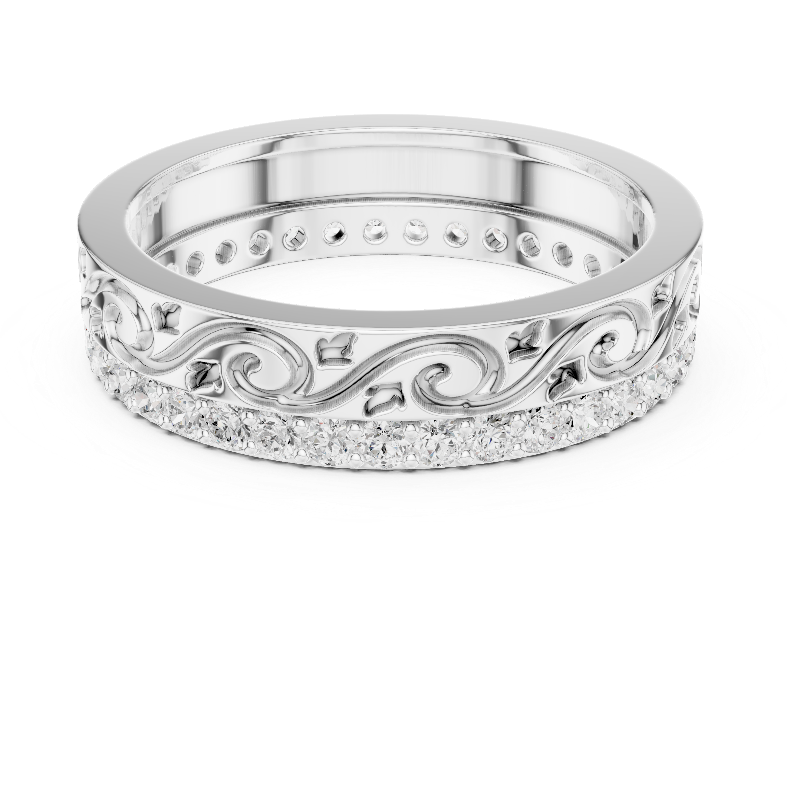Vintage Scroll Diamond Band Ring – Ornate Engraved Pavé Wedding Band