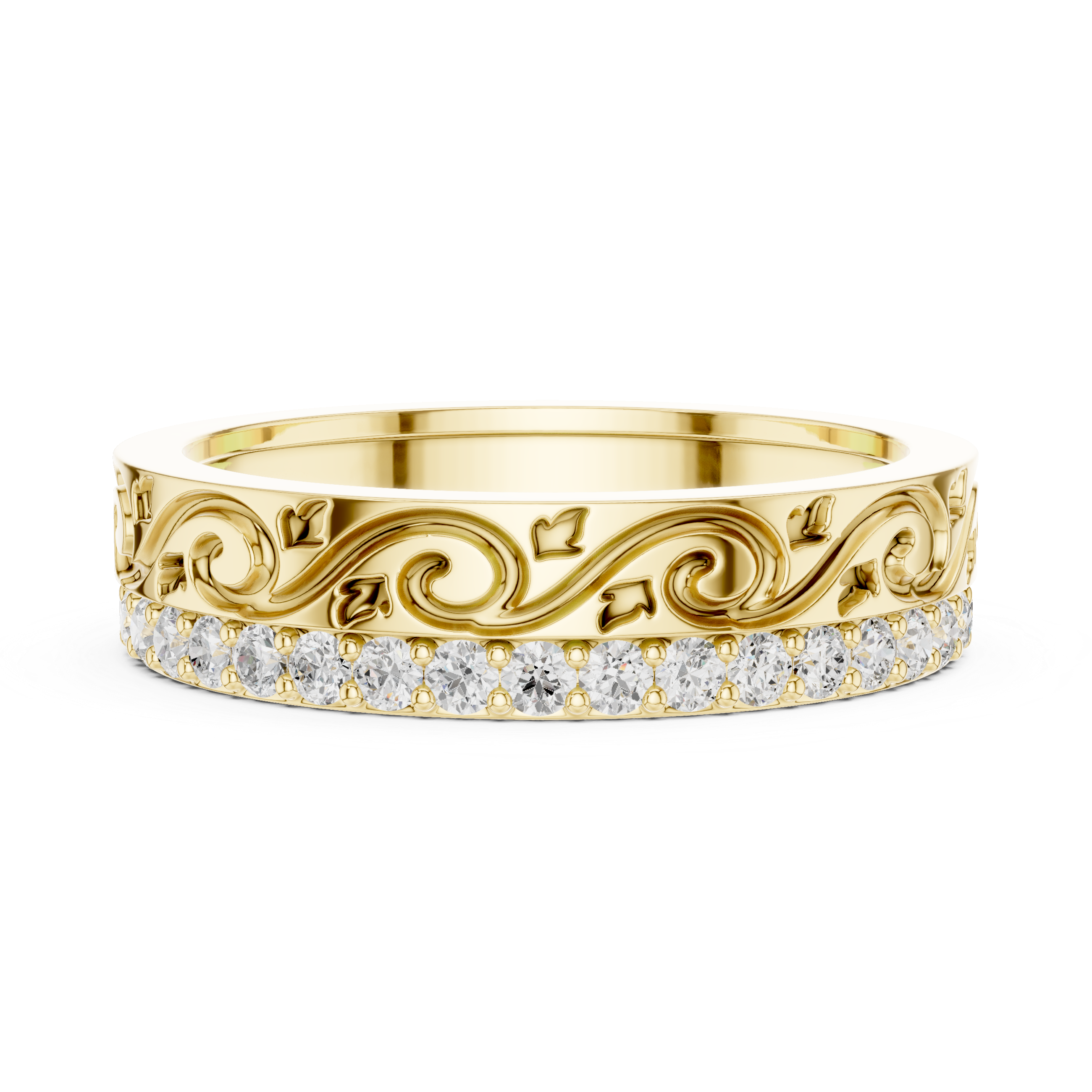 Vintage Scroll Diamond Band Ring – Ornate Engraved Pavé Wedding Band
