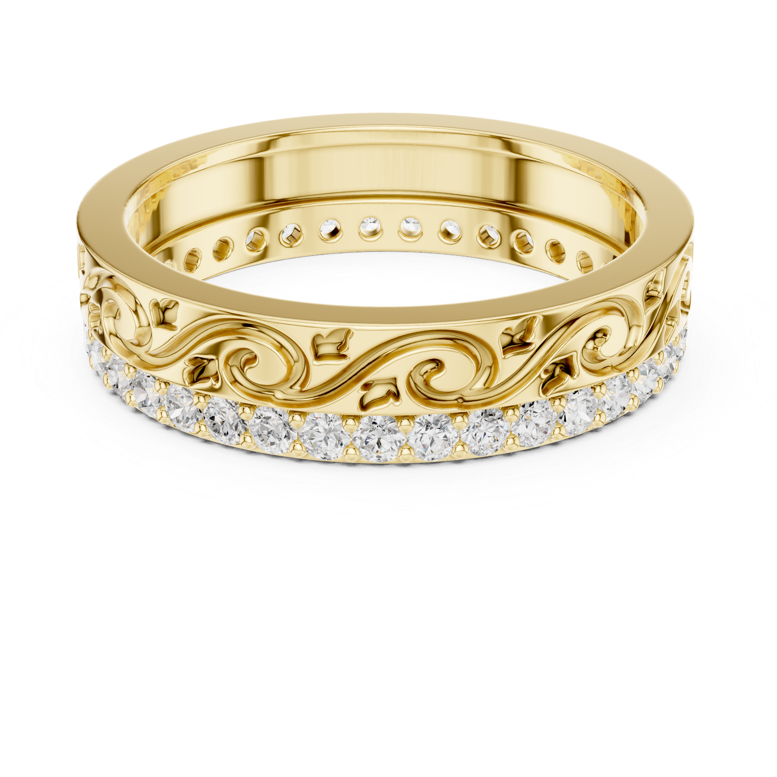 Vintage Scroll Diamond Band Ring – Ornate Engraved Pavé Wedding Band