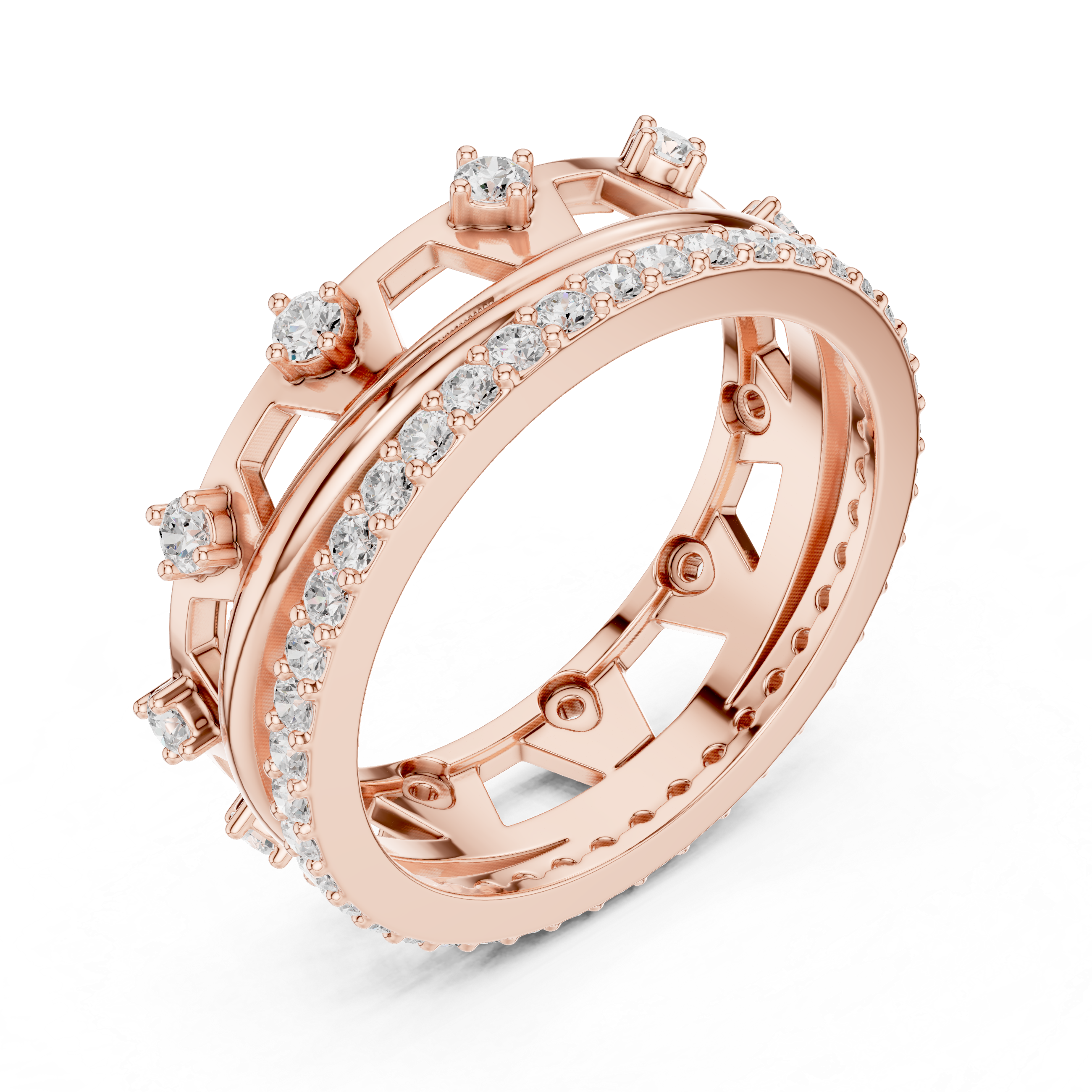 Modern Double Layer Diamond Ring – Open Geometric Eternity Band