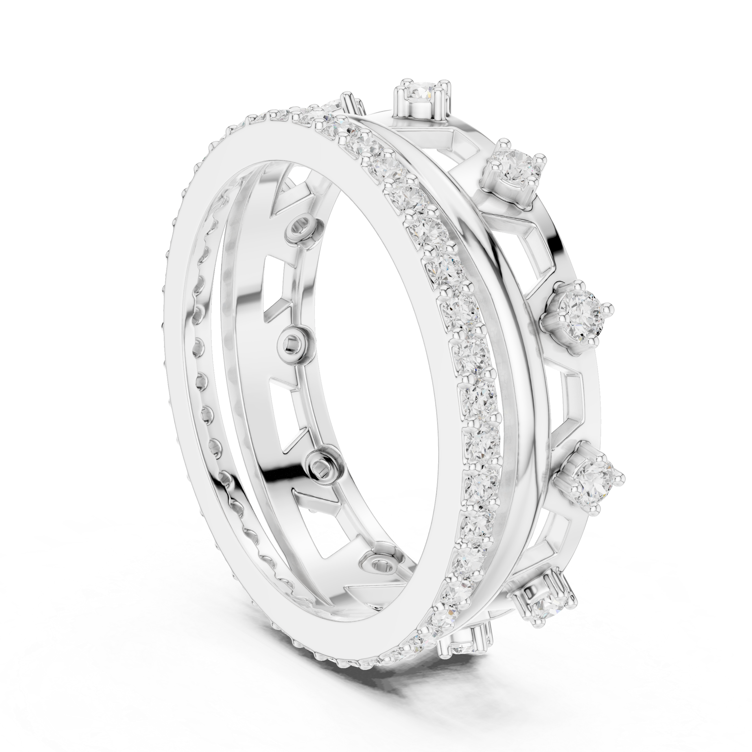 Modern Double Layer Diamond Ring – Open Geometric Eternity Band