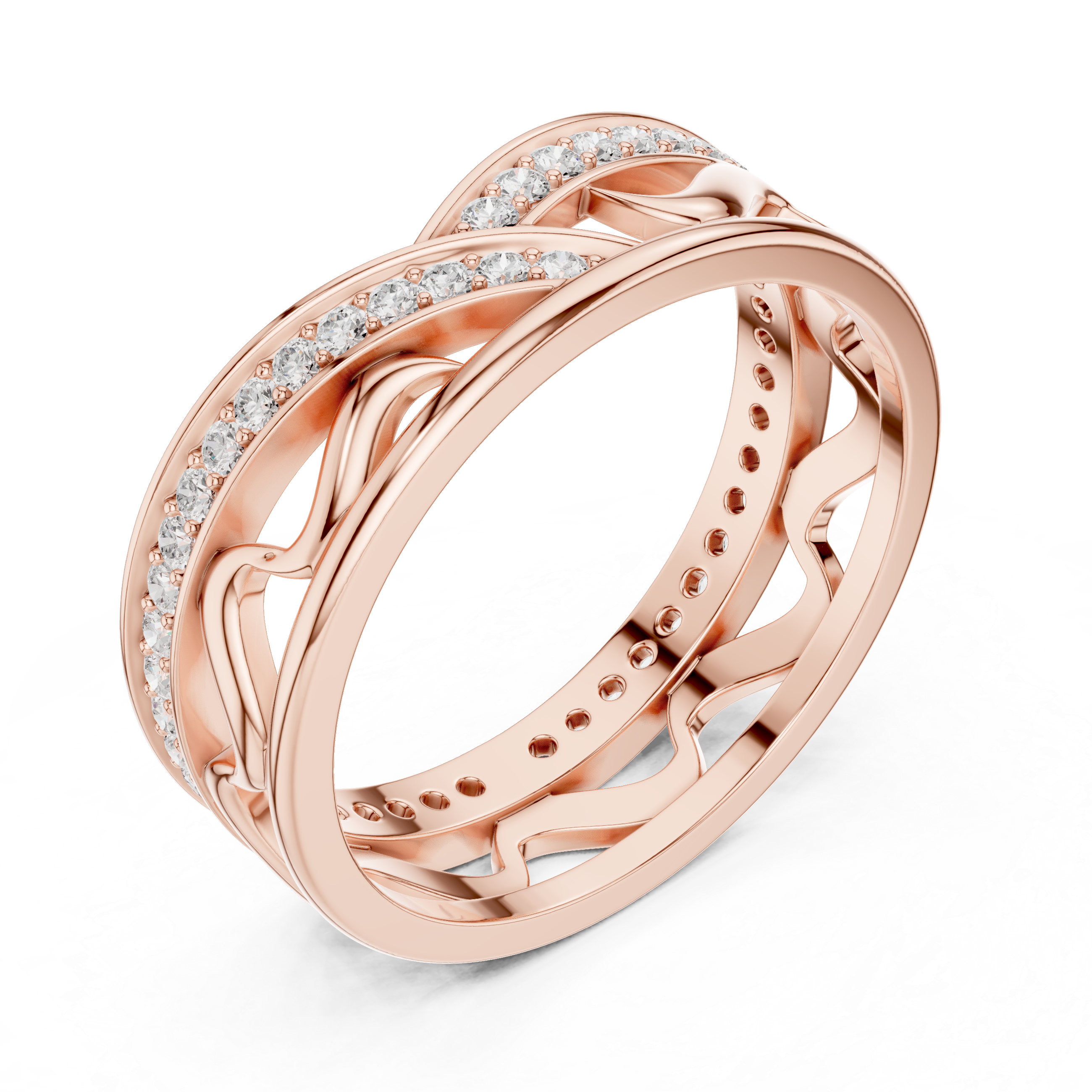Modern Criss Cross Diamond Ring – Openwork Wave Pavé Band