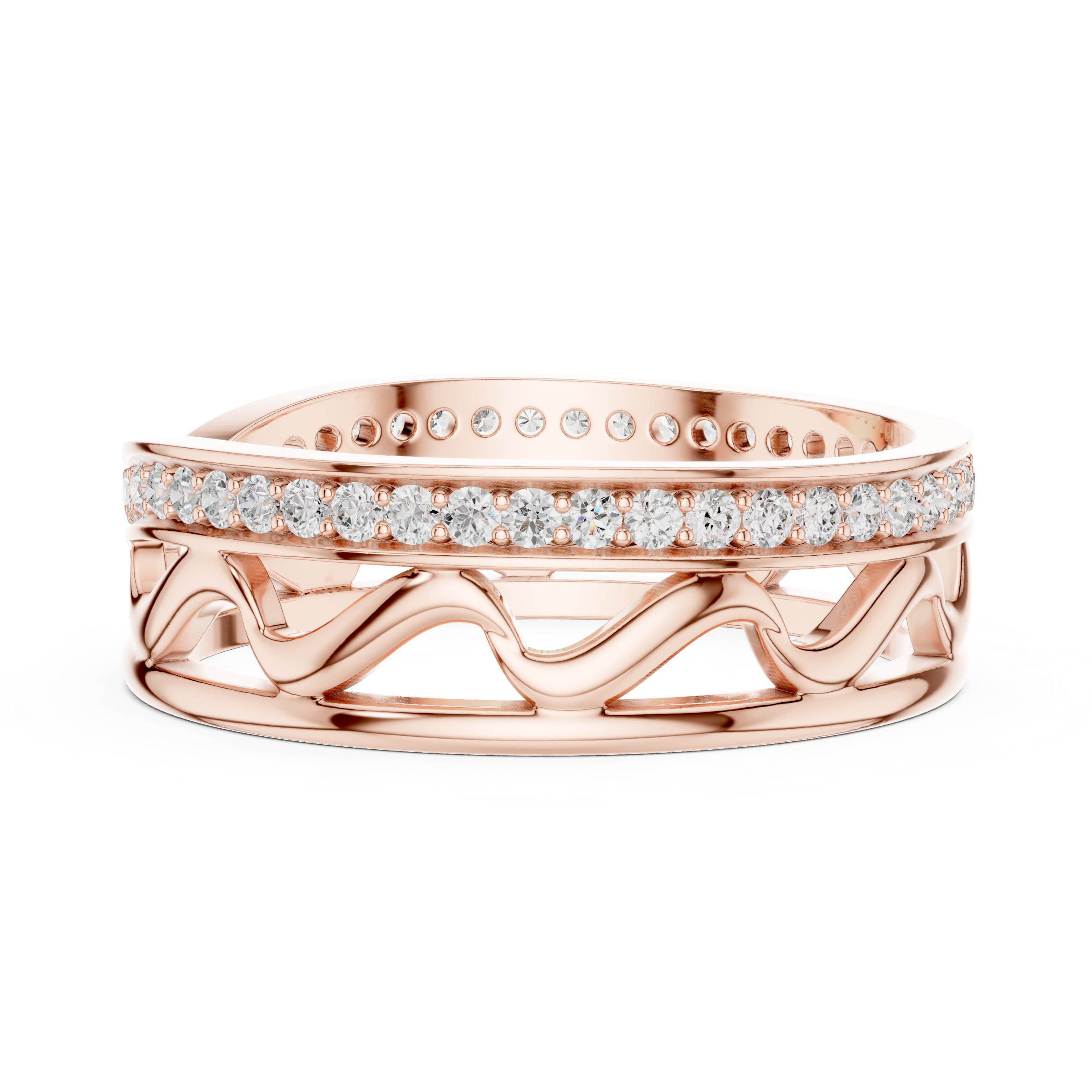 Modern Criss Cross Diamond Ring – Openwork Wave Pavé Band