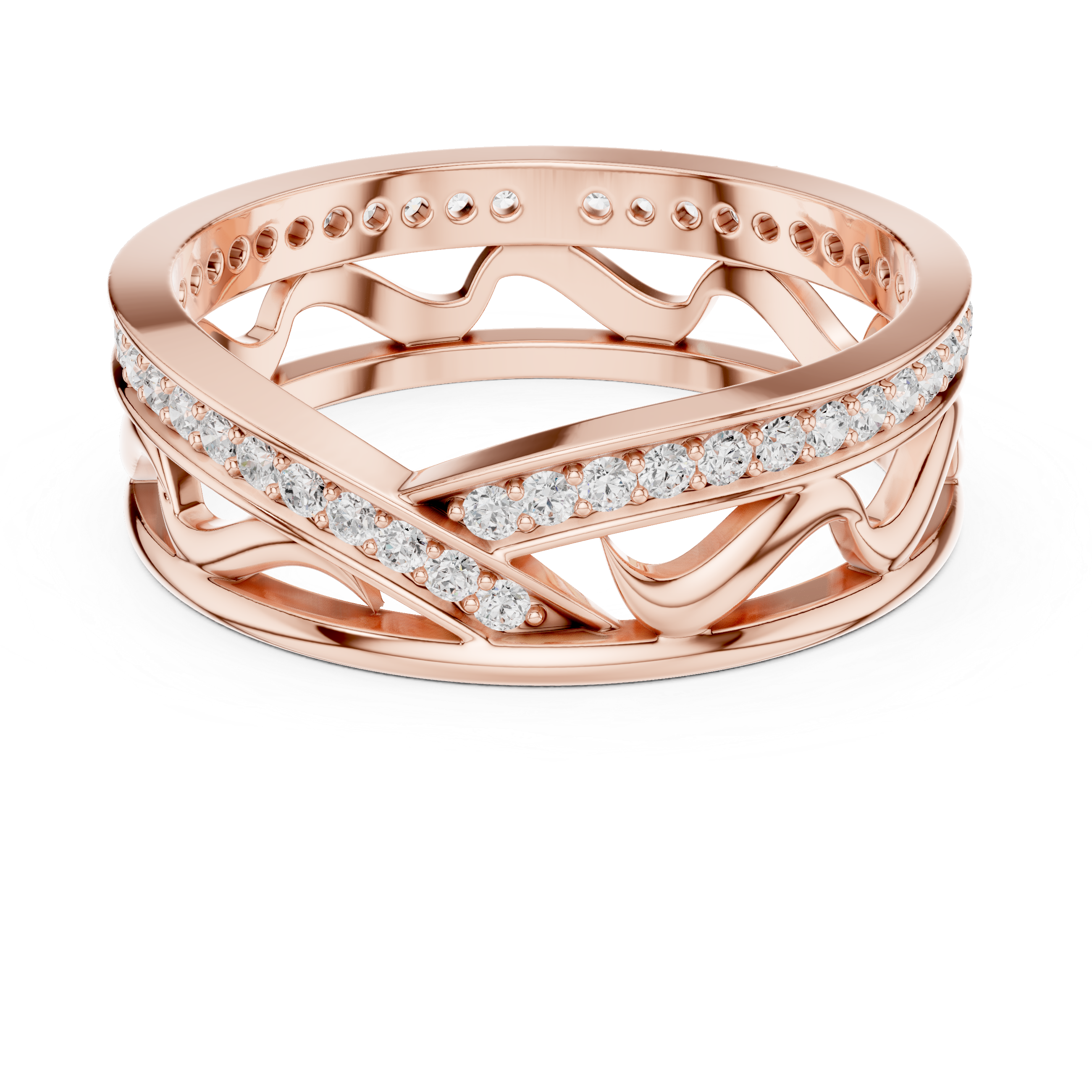 Modern Criss Cross Diamond Ring – Openwork Wave Pavé Band