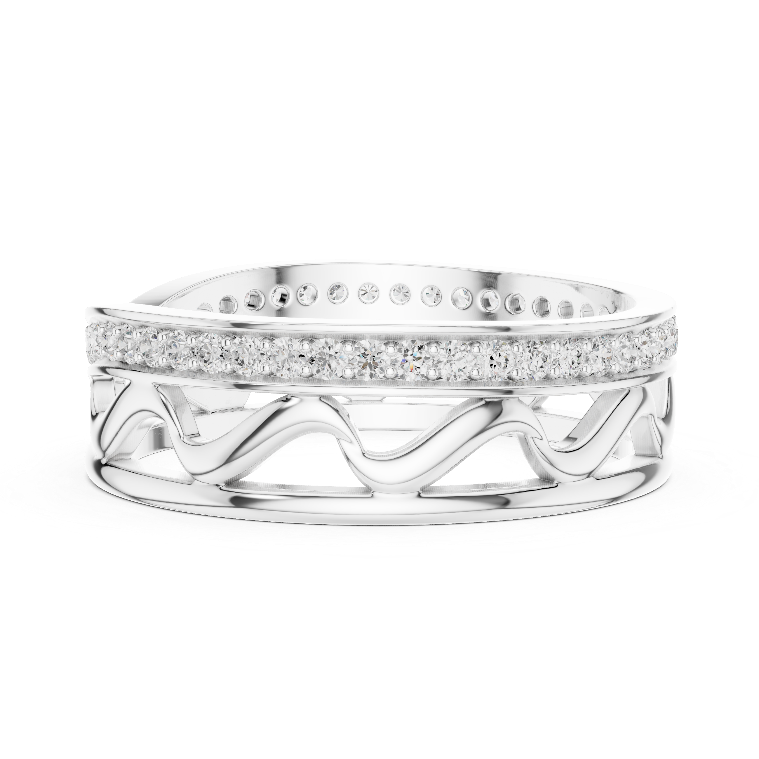 Modern Criss Cross Diamond Ring – Openwork Wave Pavé Band
