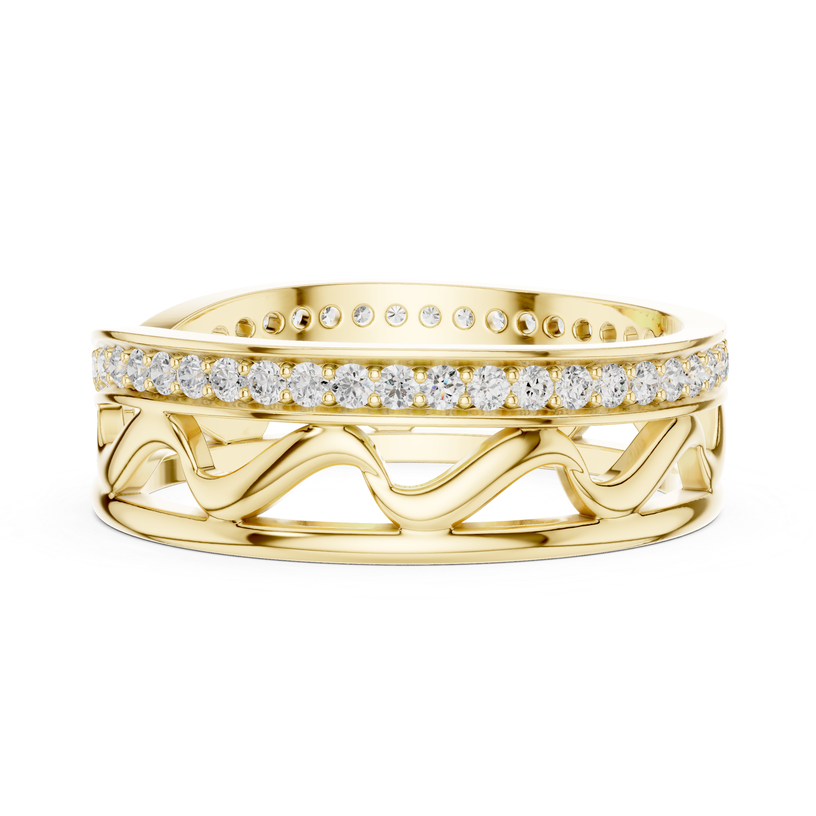 Modern Criss Cross Diamond Ring – Openwork Wave Pavé Band