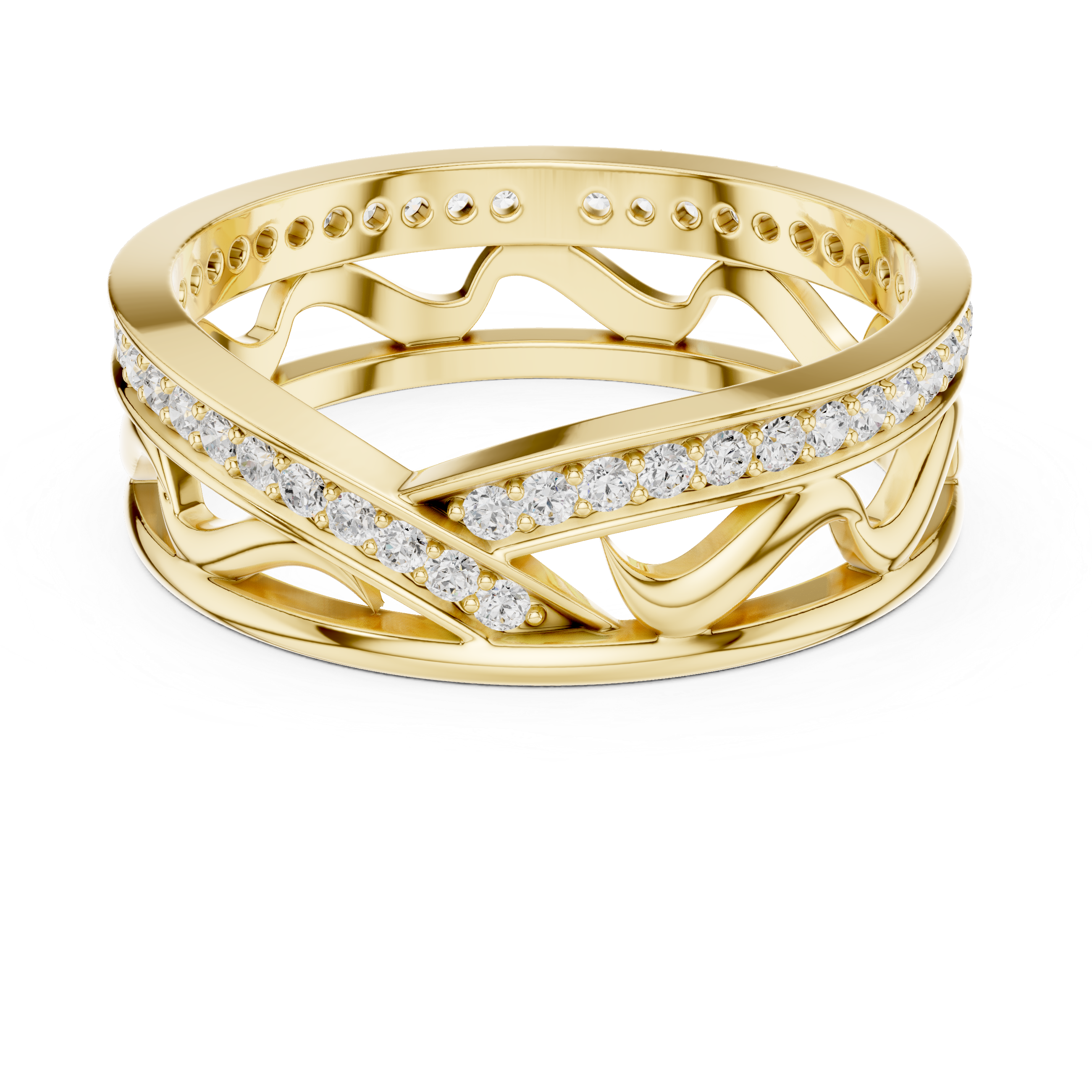Modern Criss Cross Diamond Ring – Openwork Wave Pavé Band