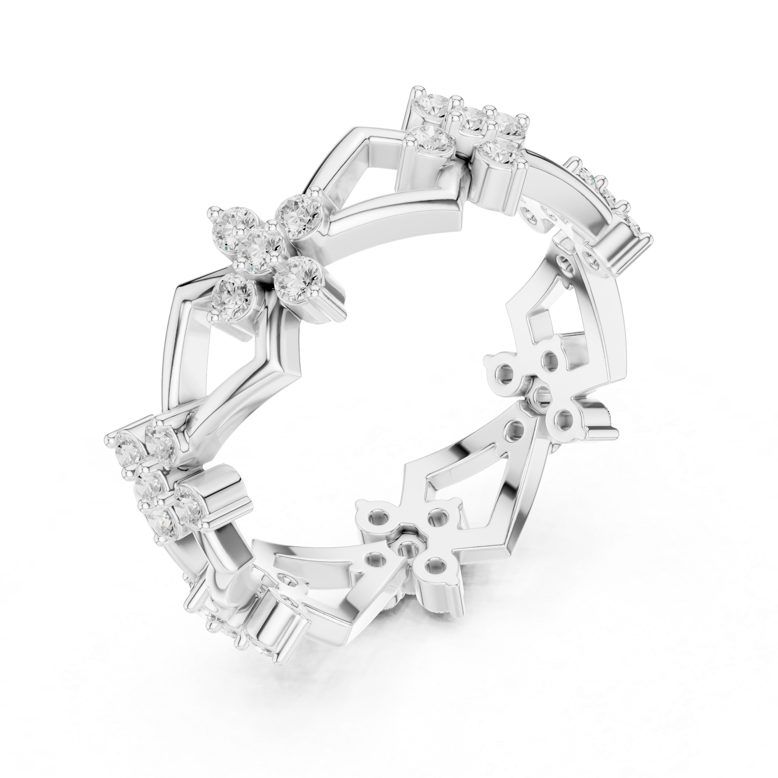 Geometric Floral Diamond Eternity Ring – Modern Openwork Statement Wedding Band