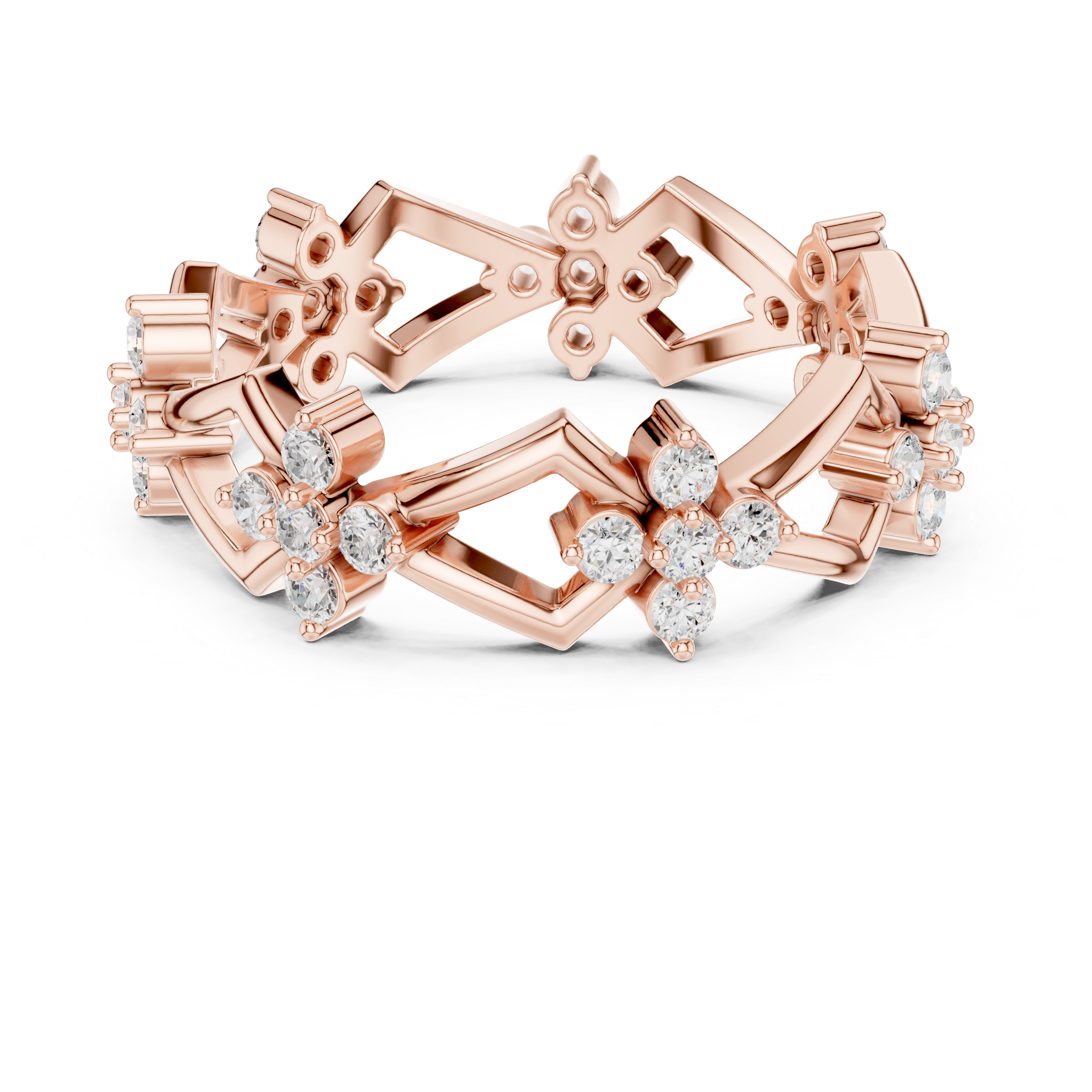 Geometric Floral Diamond Eternity Ring – Modern Openwork Statement Wedding Band