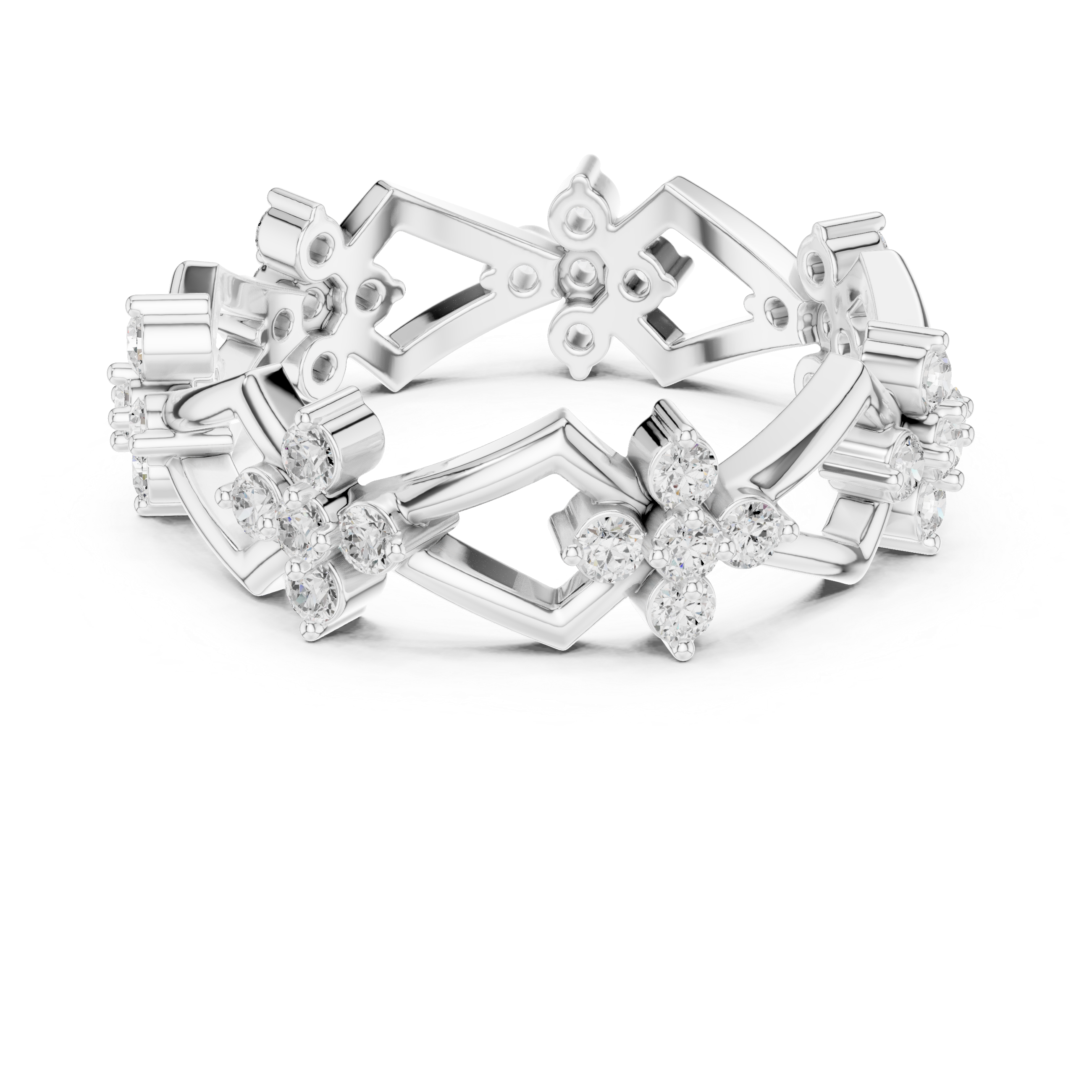 Geometric Floral Diamond Eternity Ring – Modern Openwork Statement Wedding Band
