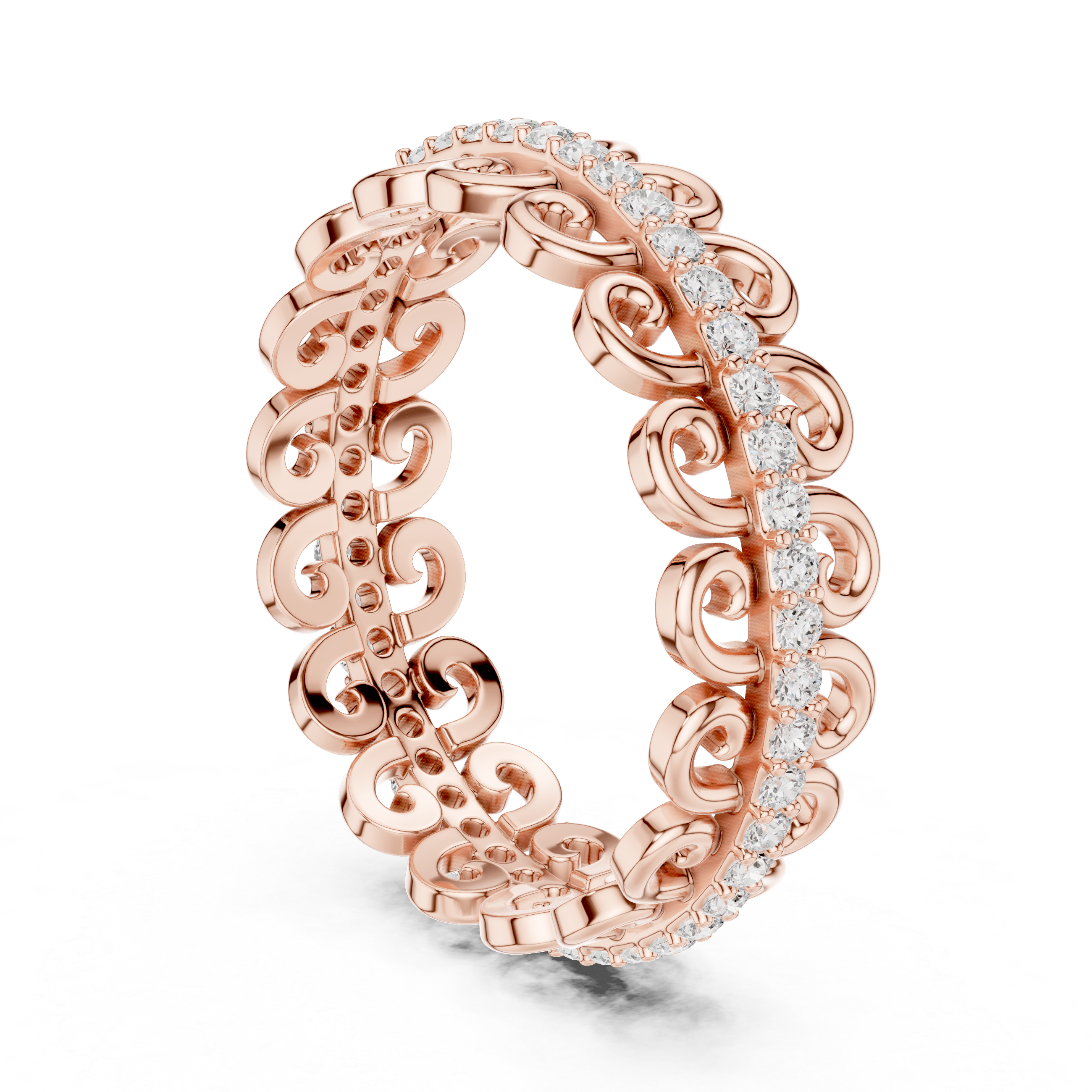 Vintage Scroll Diamond Eternity Band – Ornamental Openwork Wedding Ring in White Gold