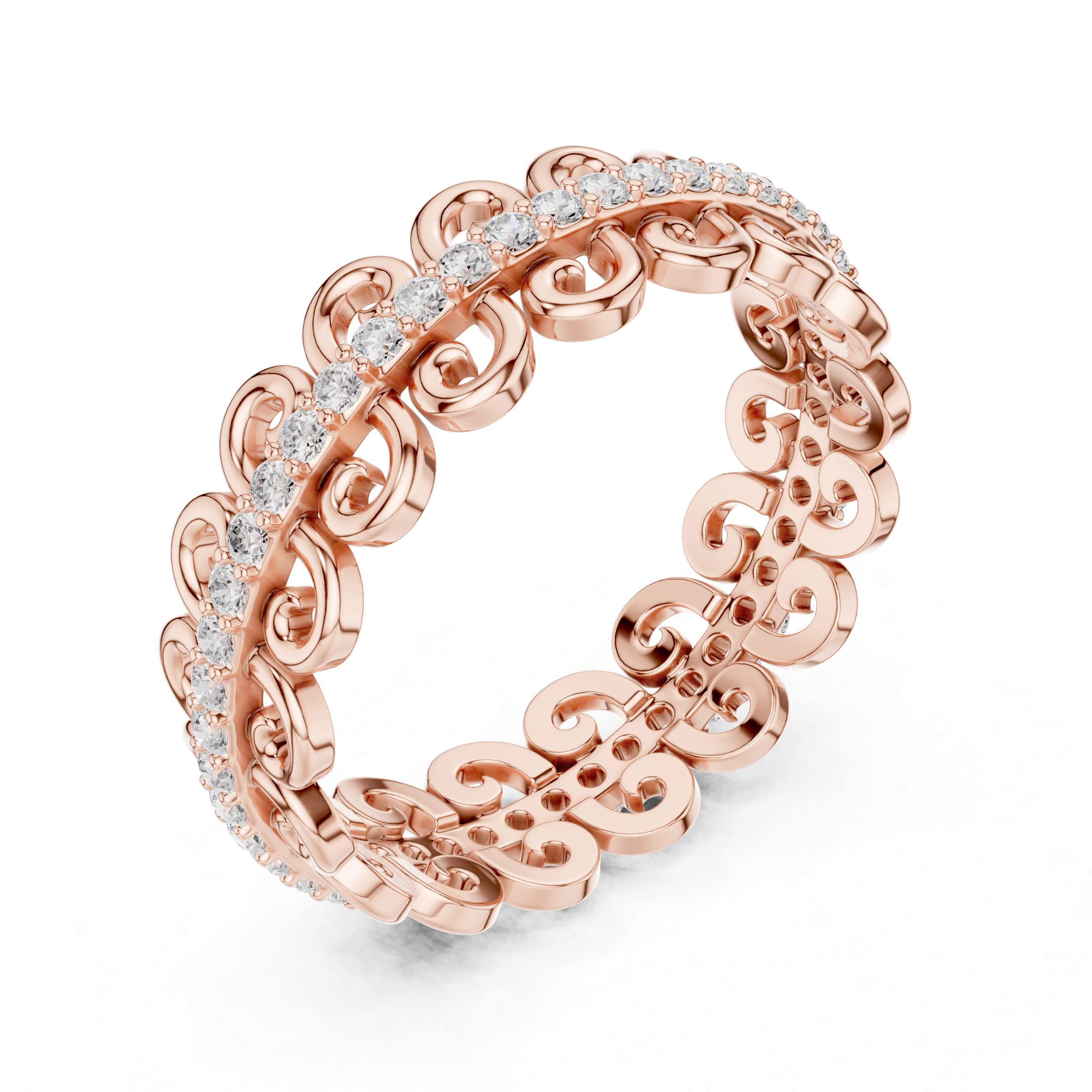 Vintage Scroll Diamond Eternity Band – Ornamental Openwork Wedding Ring in White Gold
