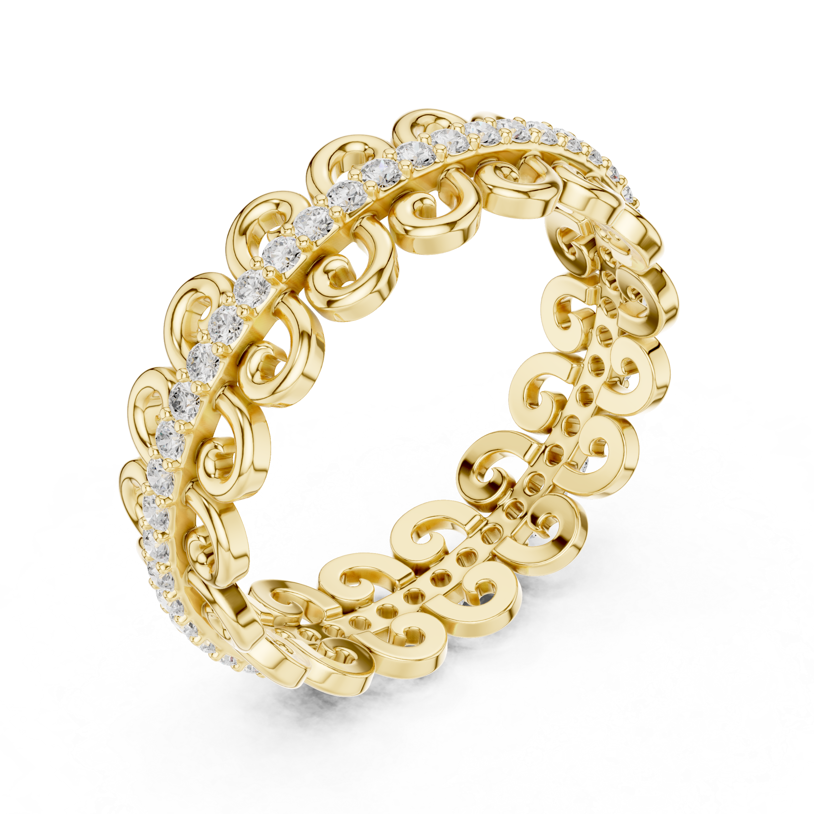 Vintage Scroll Diamond Eternity Band – Ornamental Openwork Wedding Ring in White Gold