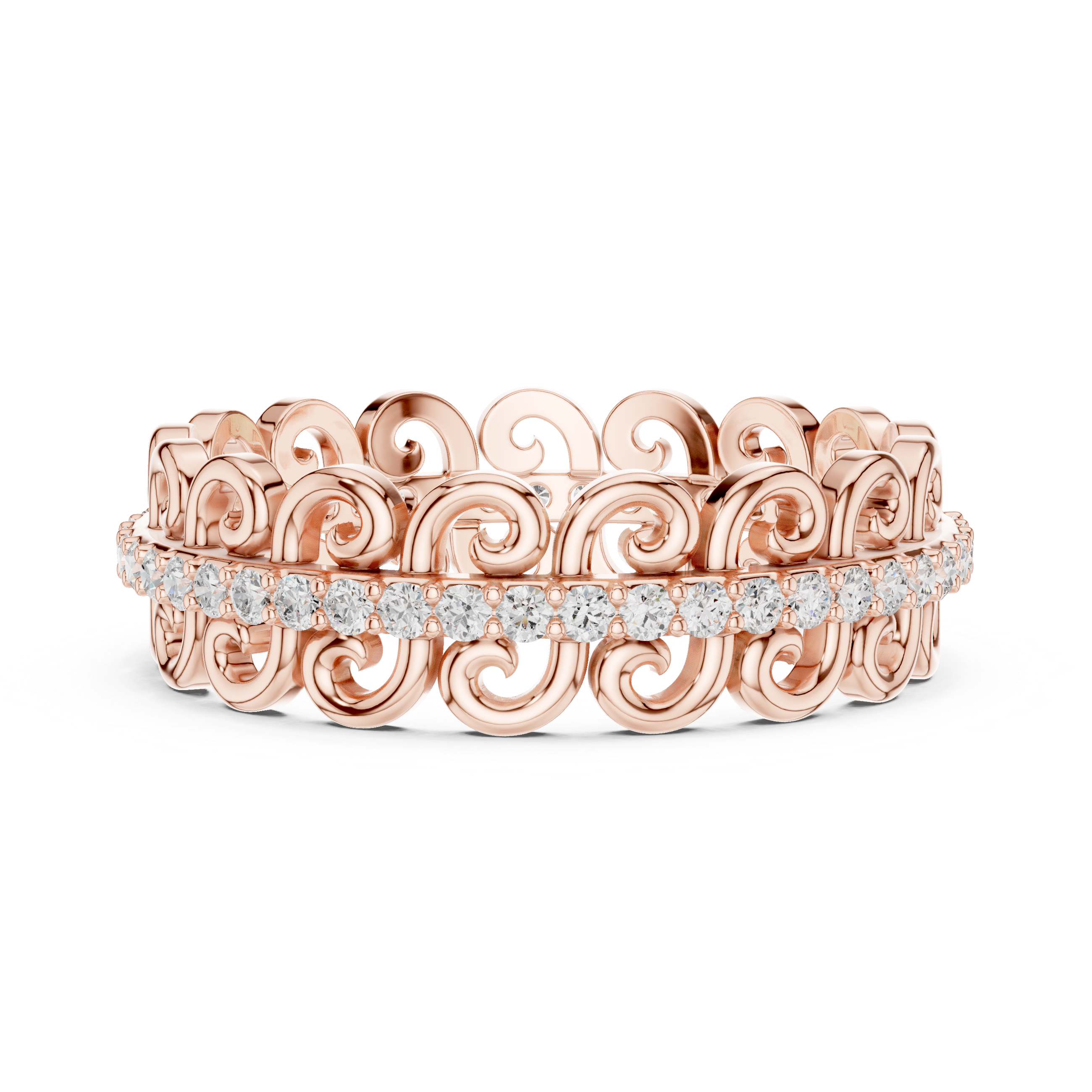 Vintage Scroll Diamond Eternity Band – Ornamental Openwork Wedding Ring in White Gold