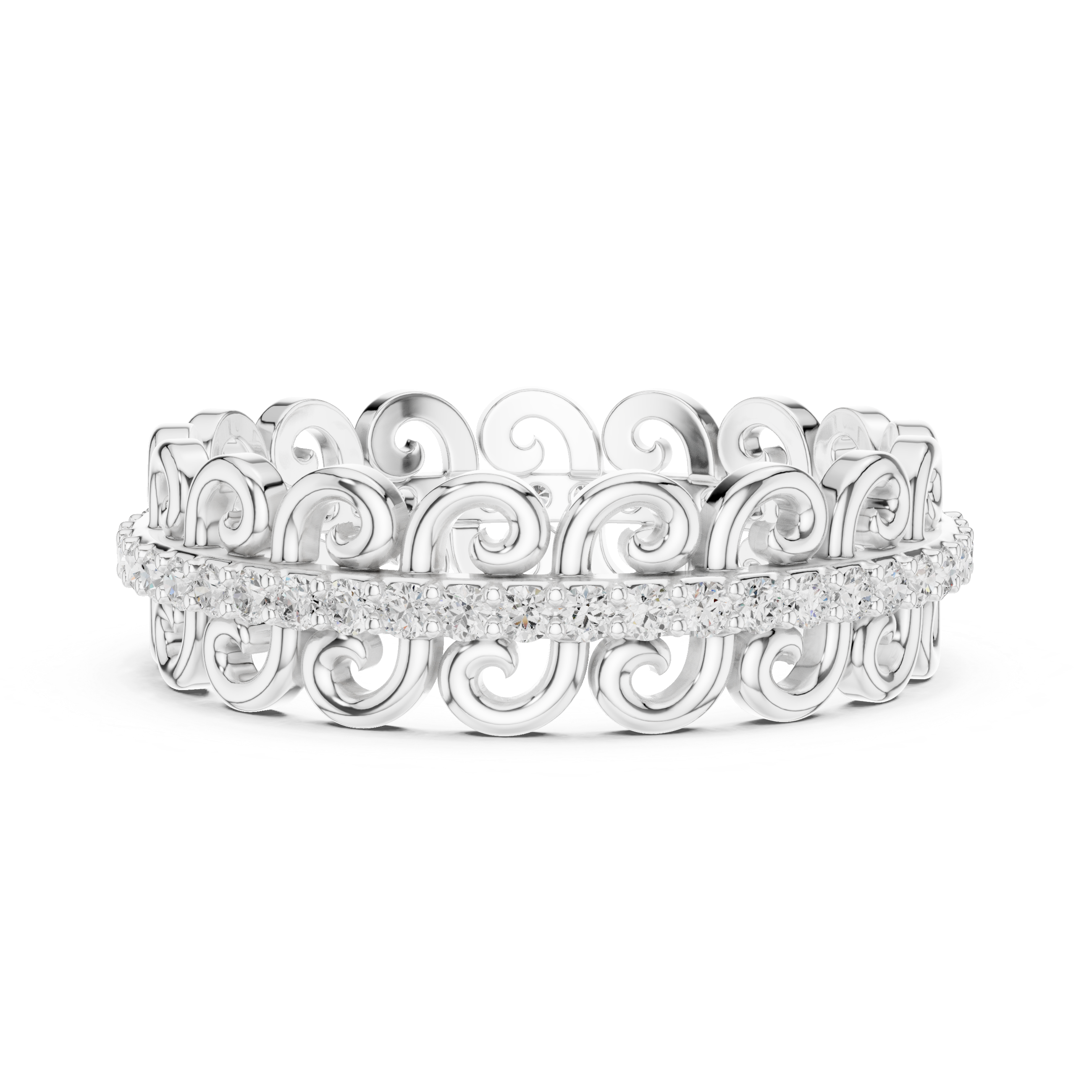 Vintage Scroll Diamond Eternity Band – Ornamental Openwork Wedding Ring in White Gold