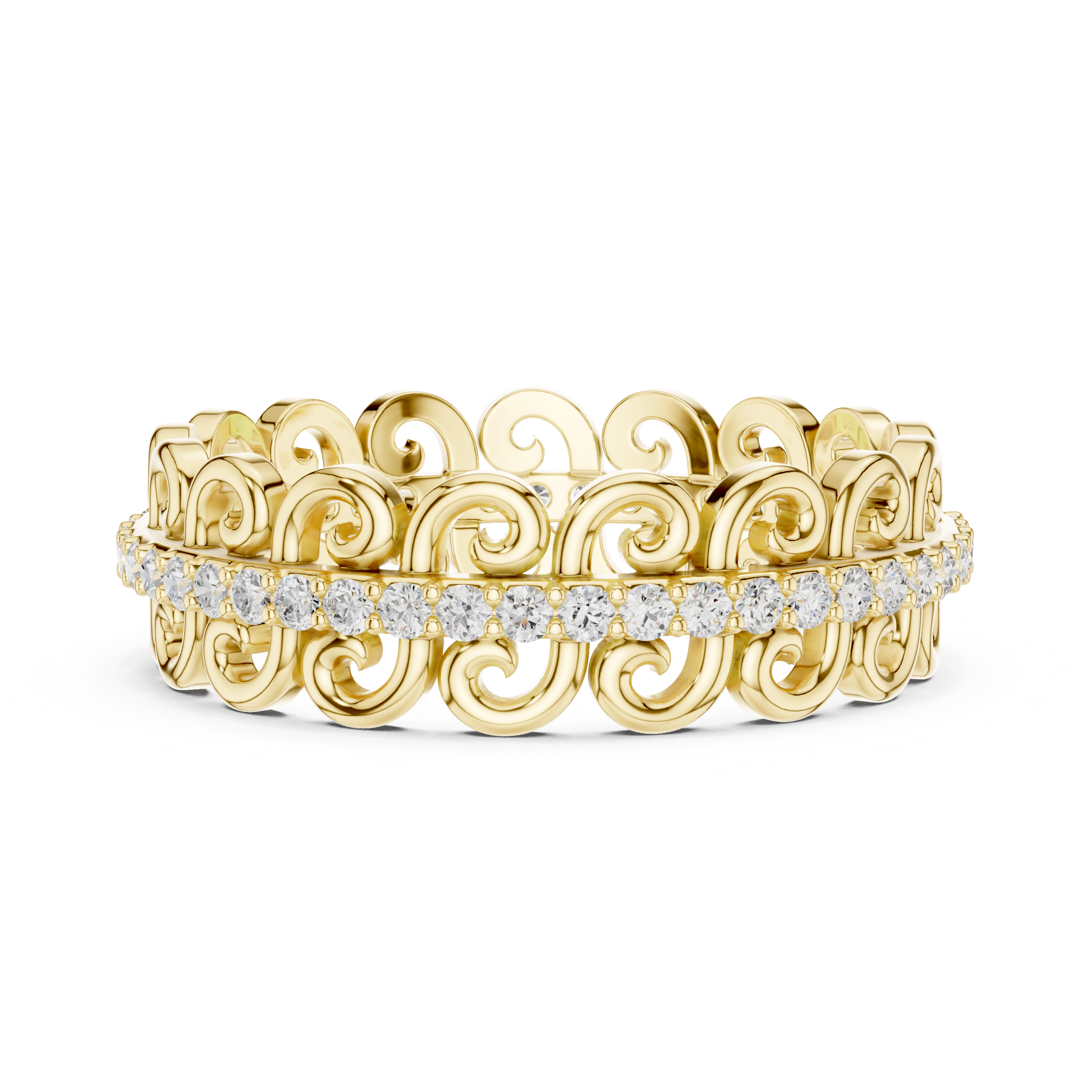 Vintage Scroll Diamond Eternity Band – Ornamental Openwork Wedding Ring in White Gold