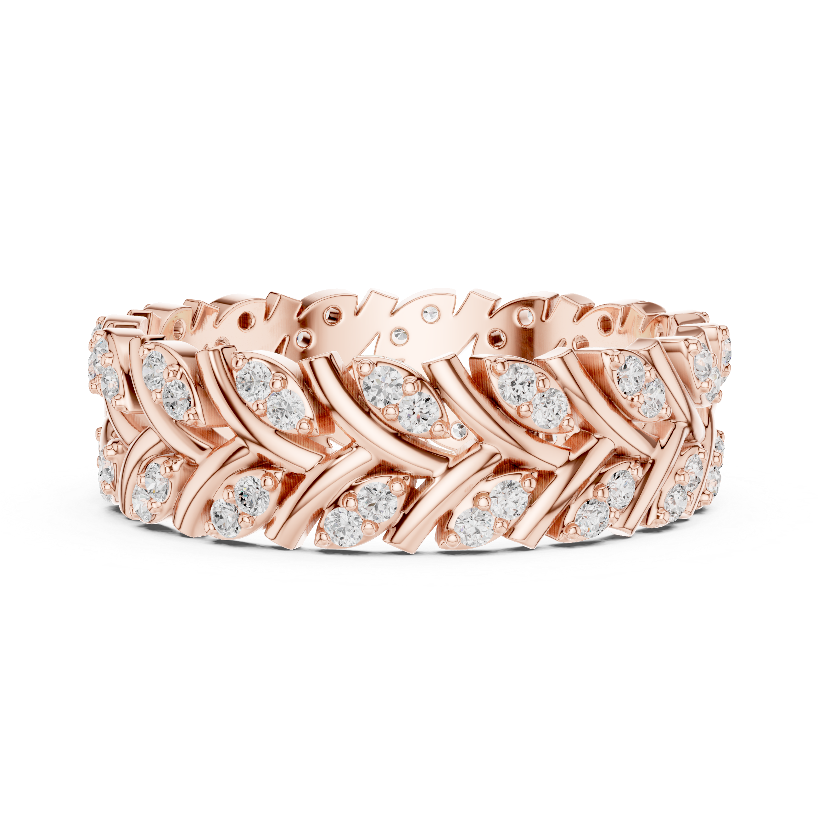 Chevron Diamond Eternity Band – Vintage Leaf Pattern Wedding Ring in White Gold