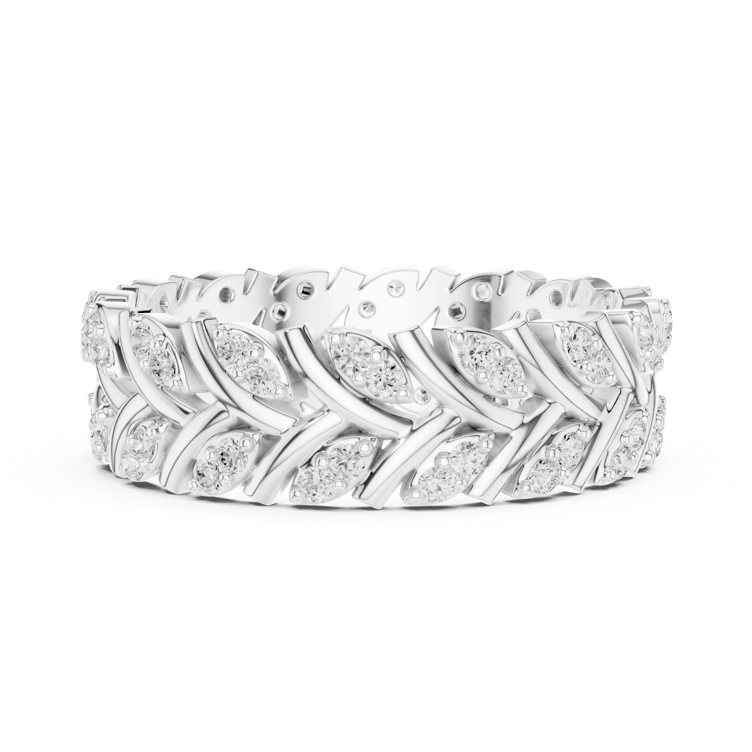 Chevron Diamond Eternity Band – Vintage Leaf Pattern Wedding Ring in White Gold