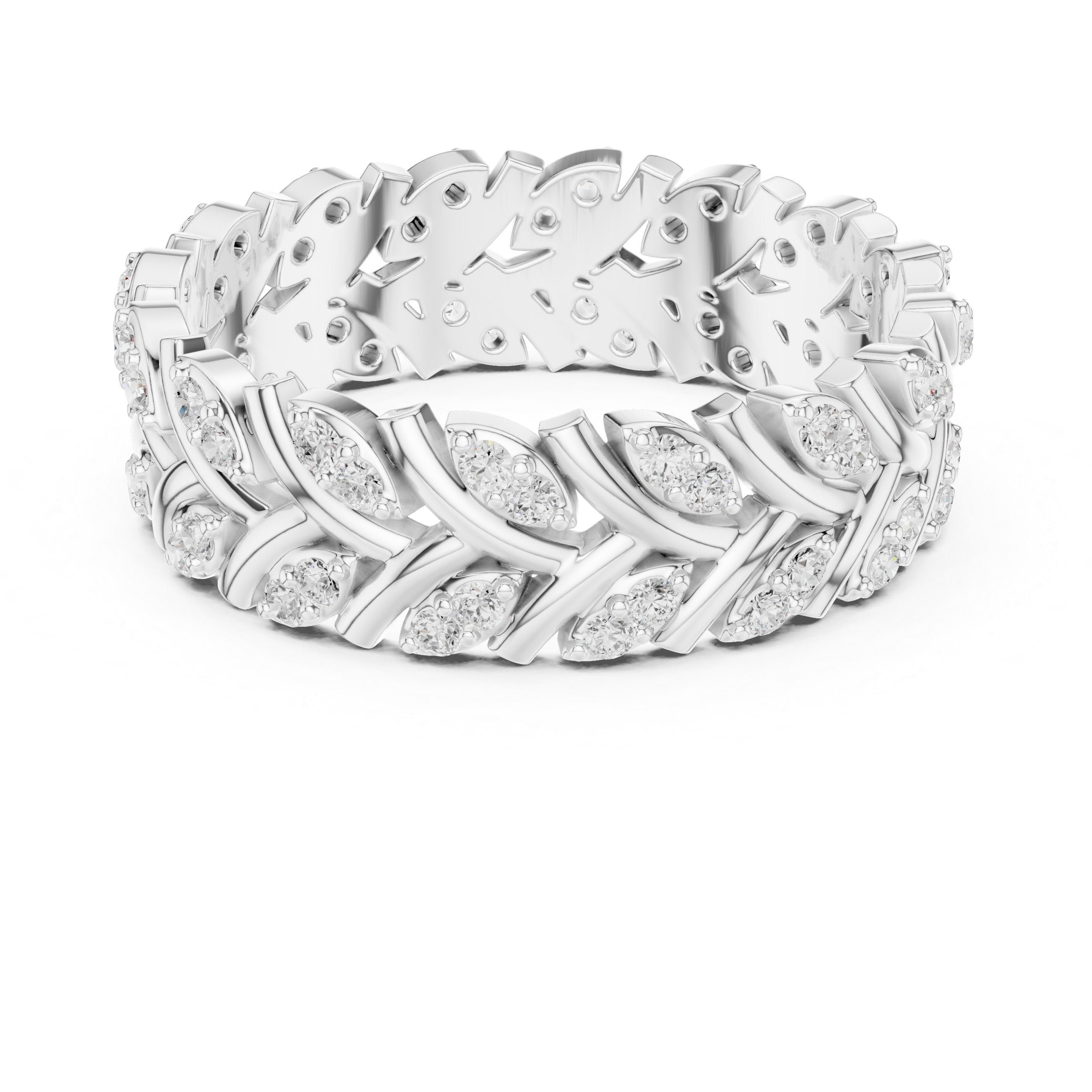 Chevron Diamond Eternity Band – Vintage Leaf Pattern Wedding Ring in White Gold