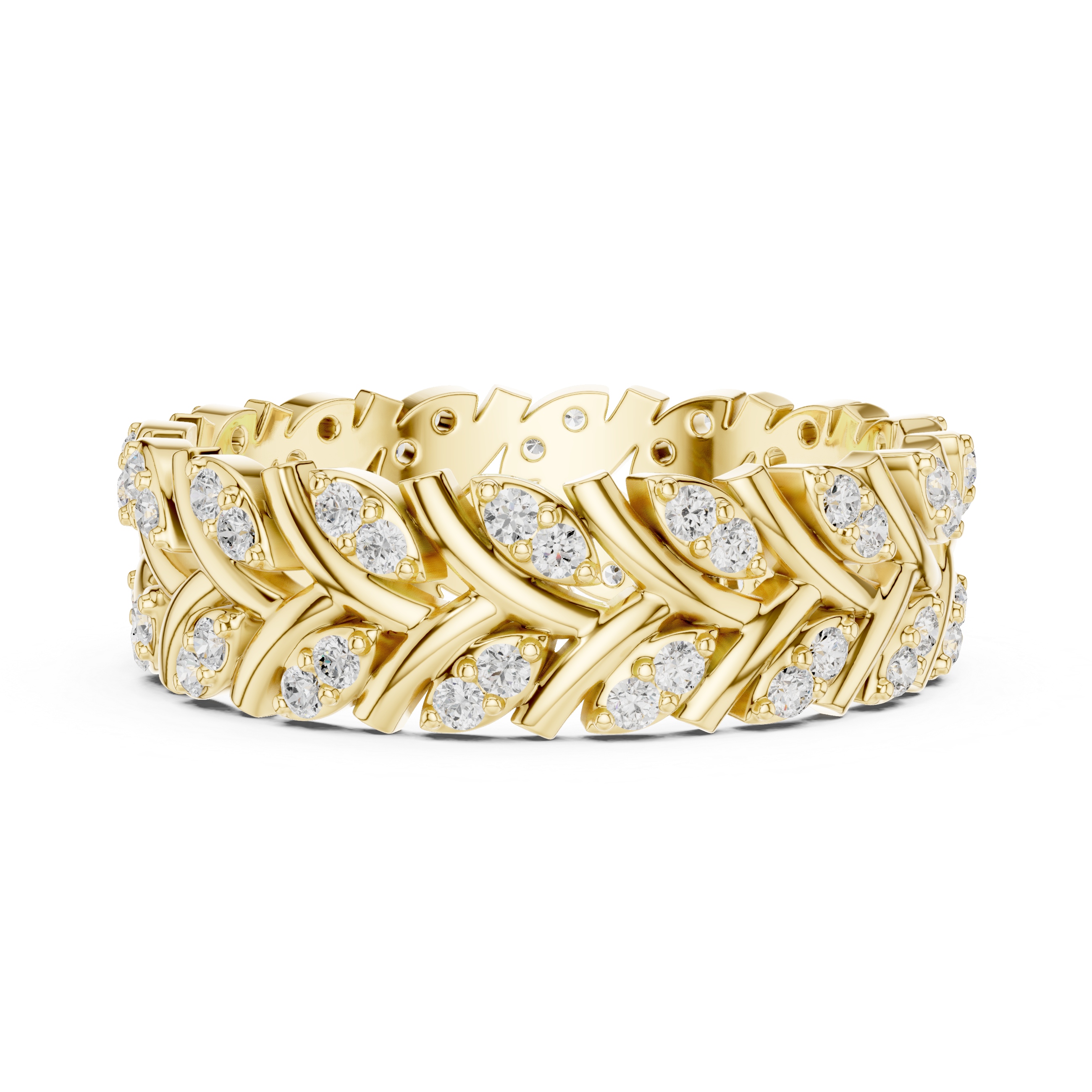 Chevron Diamond Eternity Band – Vintage Leaf Pattern Wedding Ring in White Gold