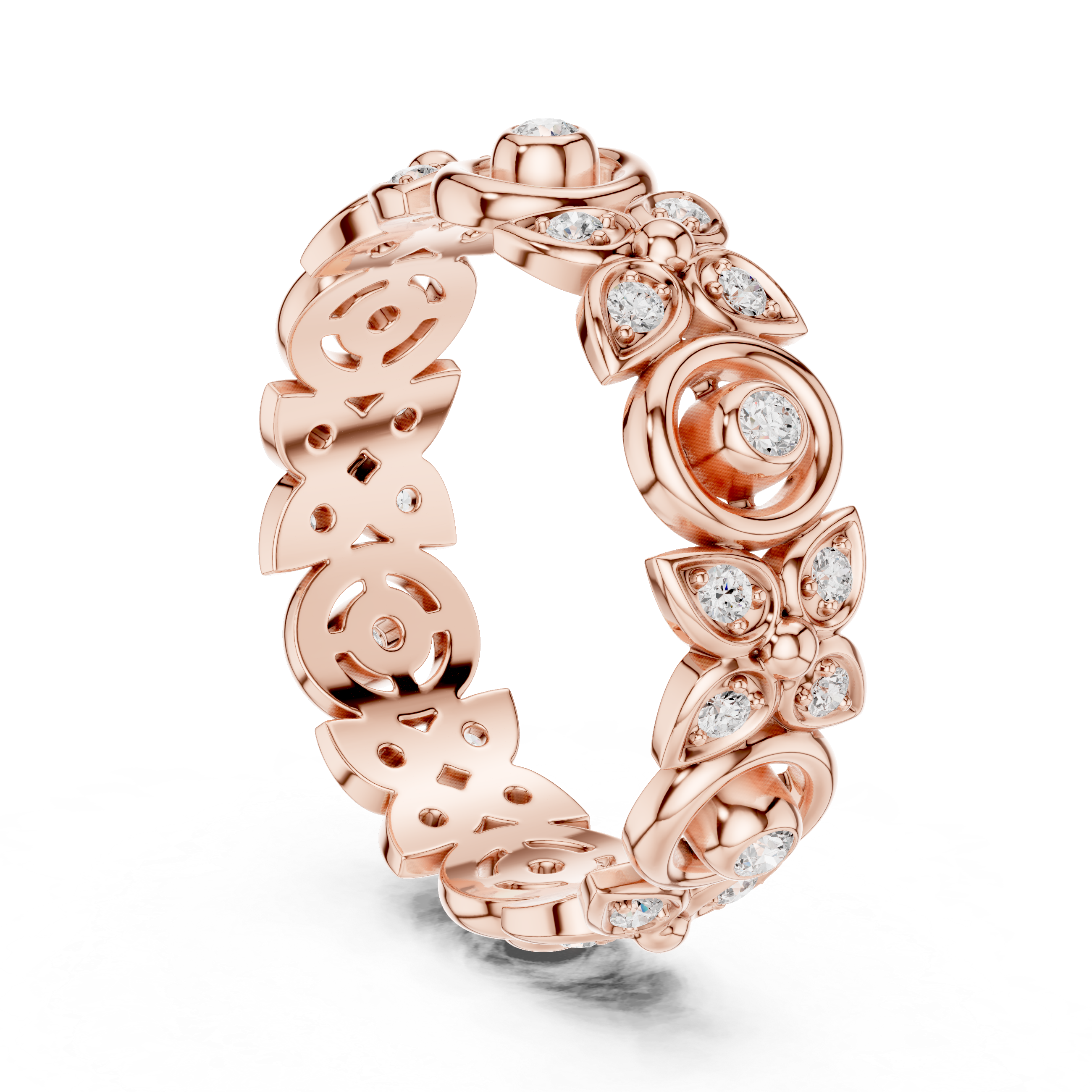 Vintage Floral Diamond Eternity Ring – Open Circle & Flower Pattern Band in Yellow Gold