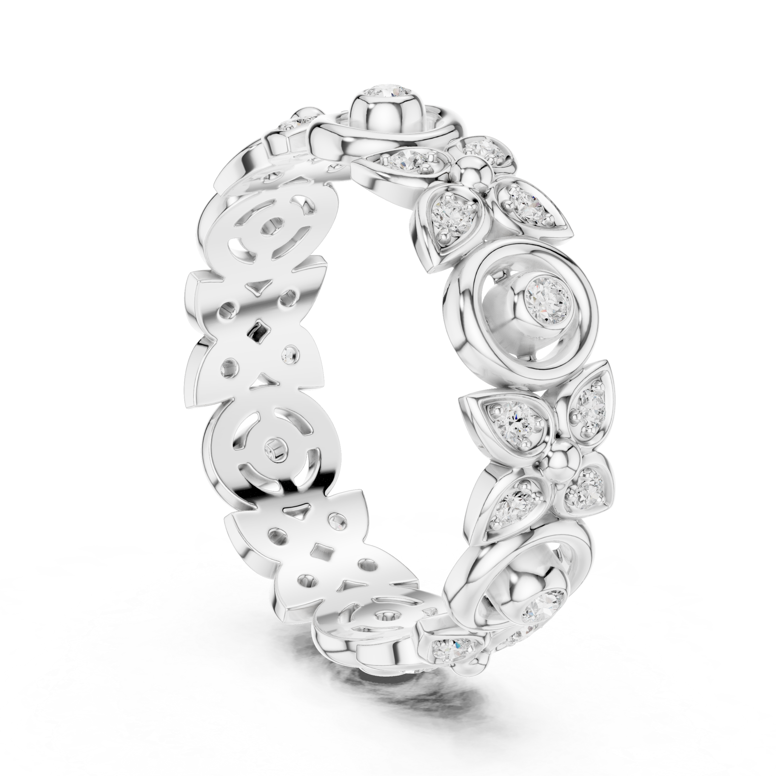 Vintage Floral Diamond Eternity Ring – Open Circle & Flower Pattern Band in Yellow Gold