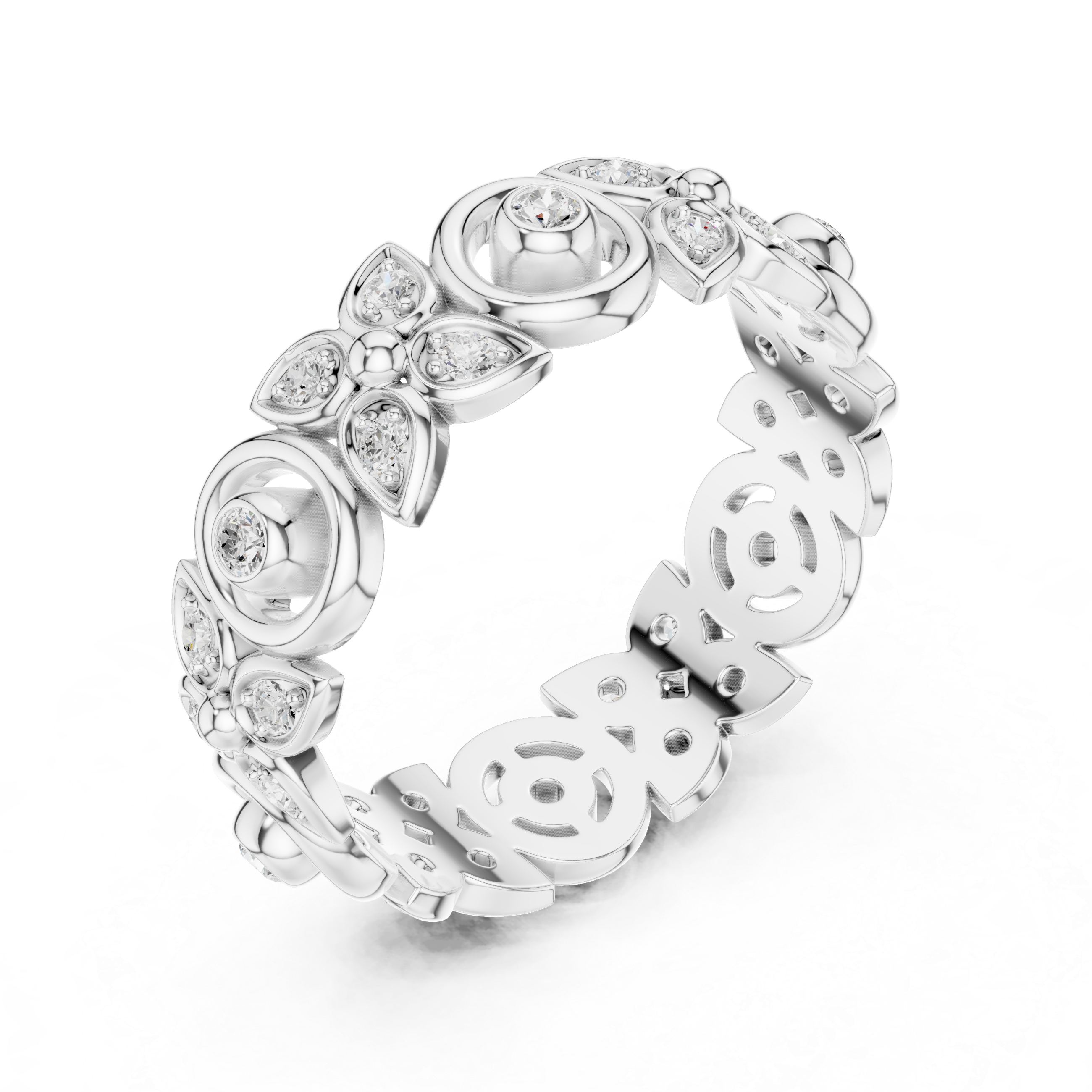 Vintage Floral Diamond Eternity Ring – Open Circle & Flower Pattern Band in Yellow Gold